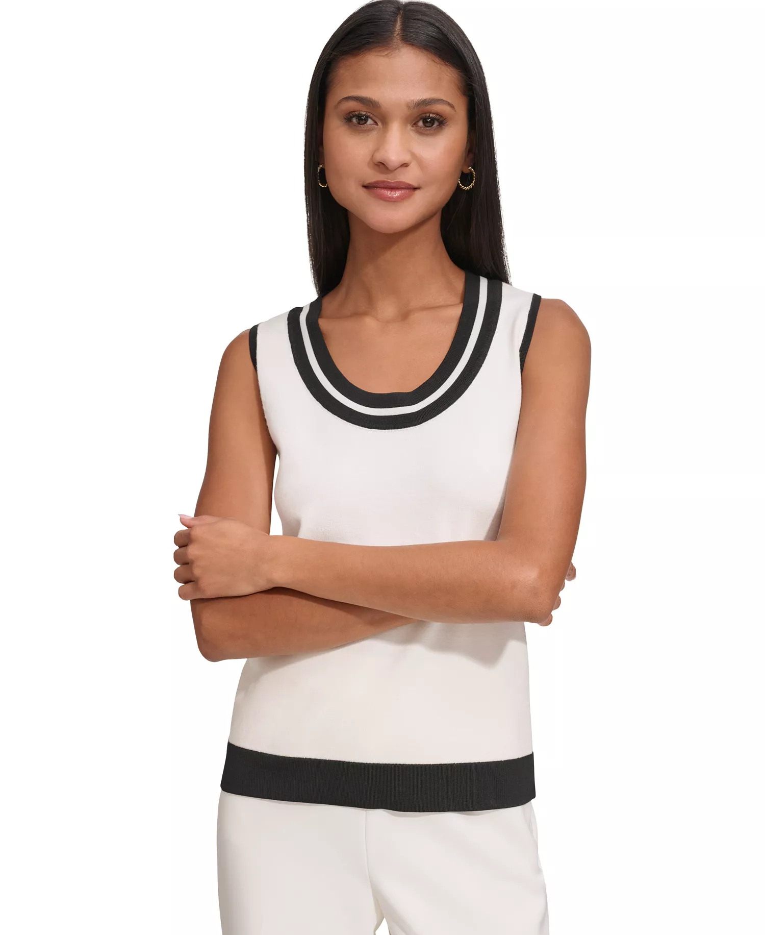 Women's Scoop-Neck Sleeveless Knit Top with Contrast Trim - Black/soft White - L
