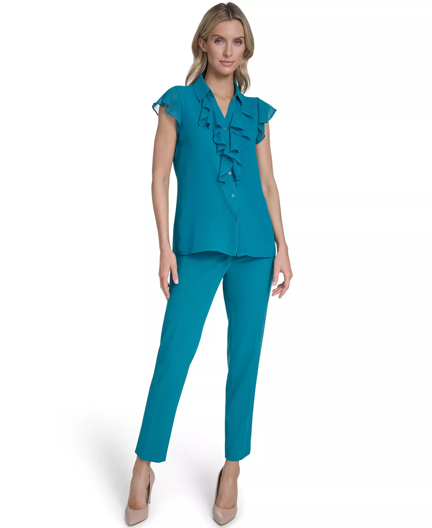 Petite Short-Sleeve Ruffle Top - Petrol - P/L