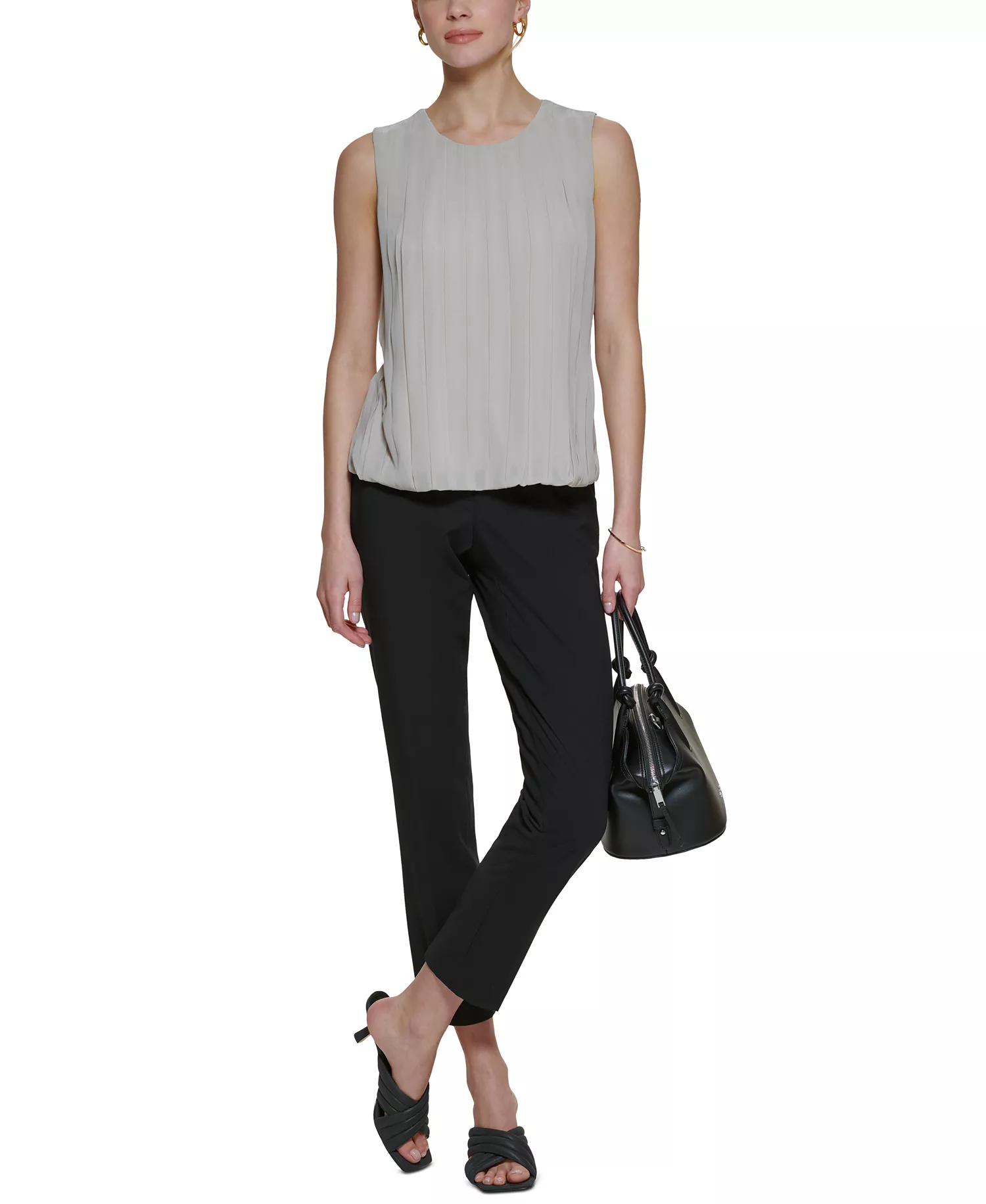 Sleeveless Pleated Blouse - Khaki - L