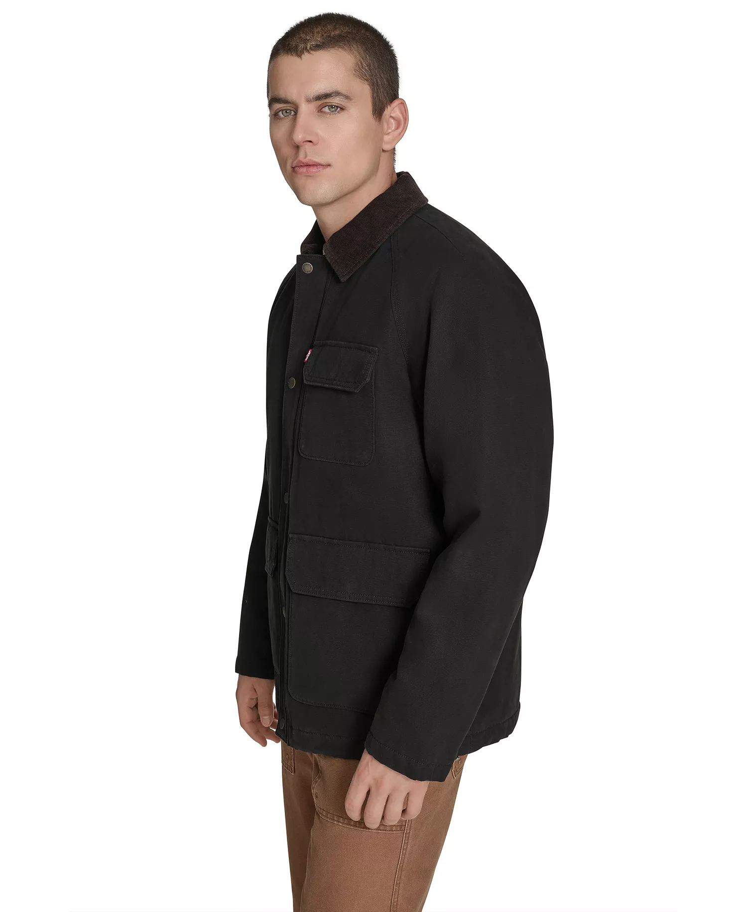 Men's Cotton Canvas with Corduroy Collar Barn Jacket  - Black - S
