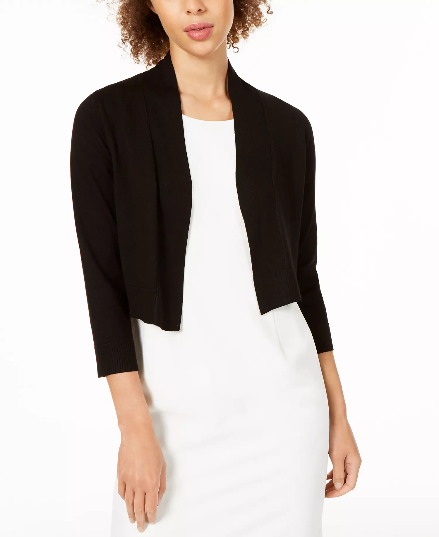 Women's Cropped Open-Front Three-Quarter Sleeve Cardigan - Black - L