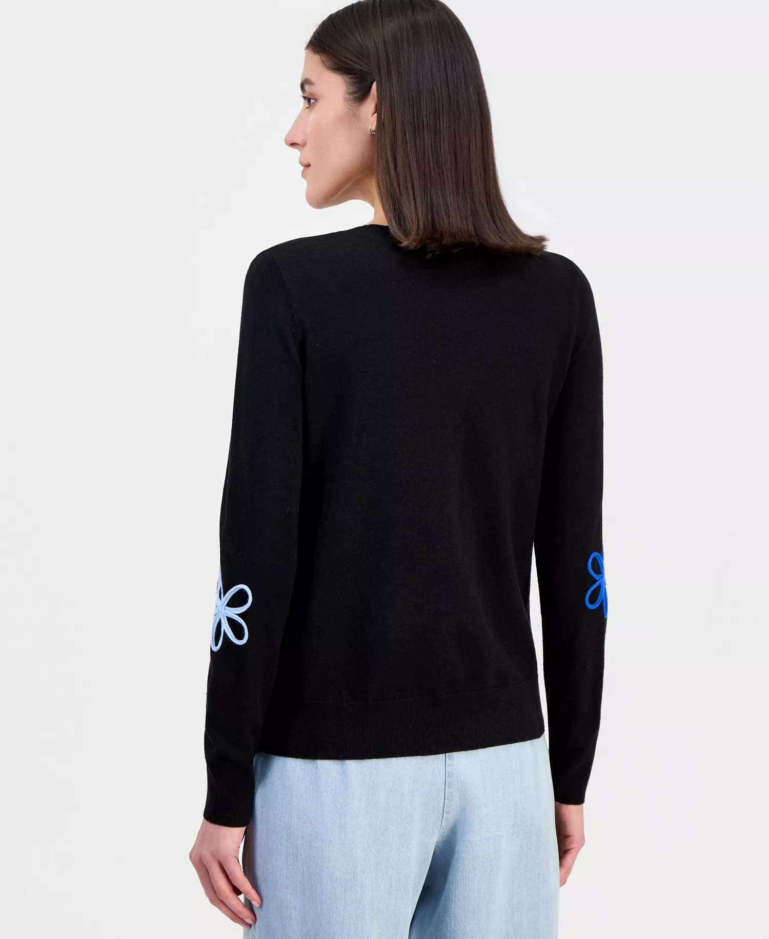 Women's Floral-Appliqué Crewneck Sweater - Black / Multi Floral - L