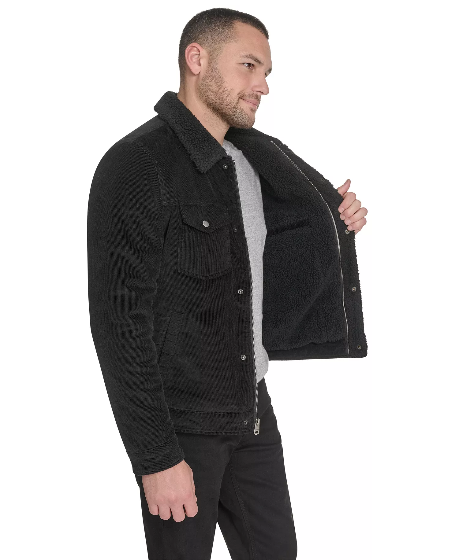 Men's Corduroy Trucker with Sherpa Collar Jacket - Black - L