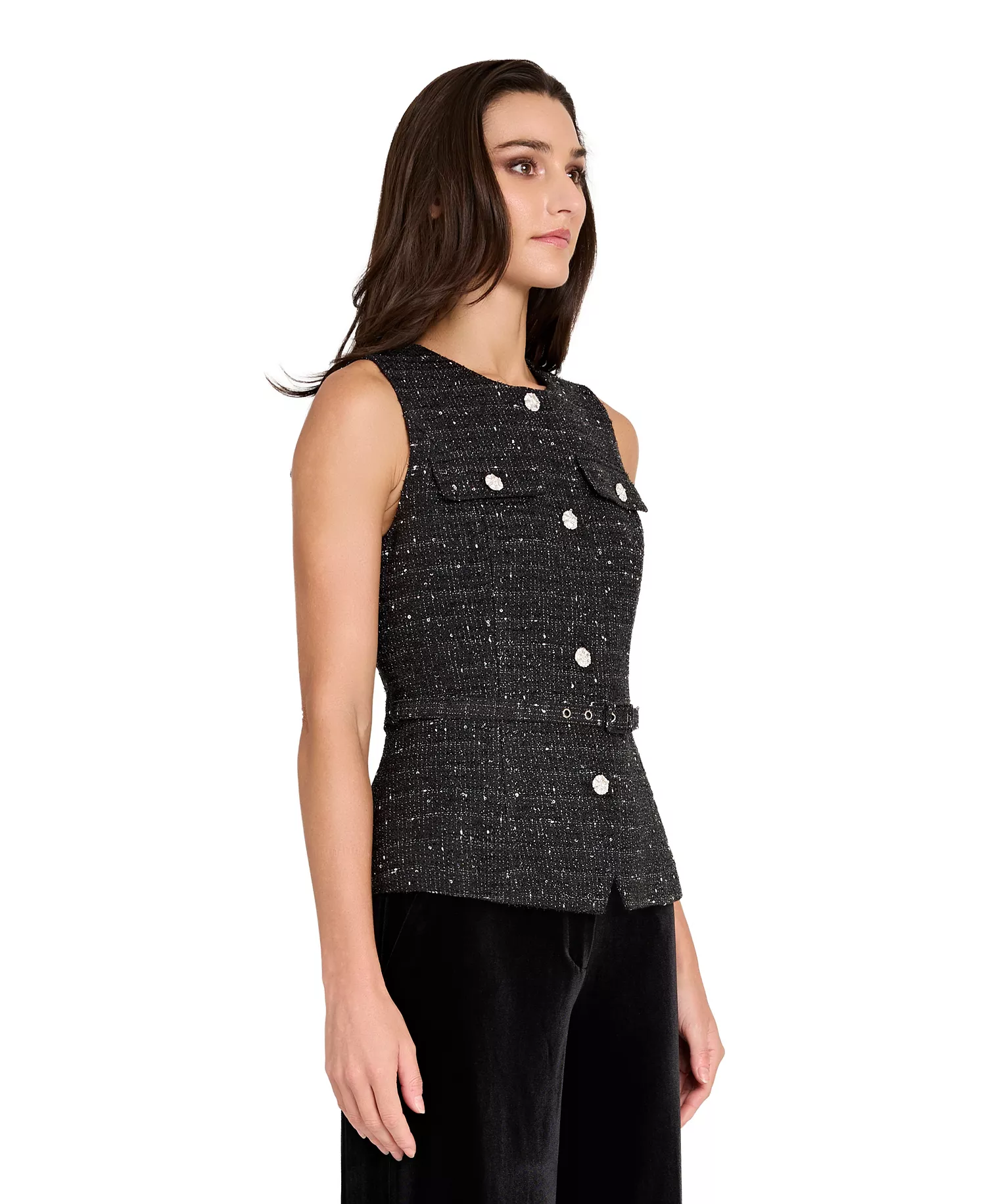 Women's Round Neck Button Front Rhinestone Trim Vest Top - Black Silver - 12