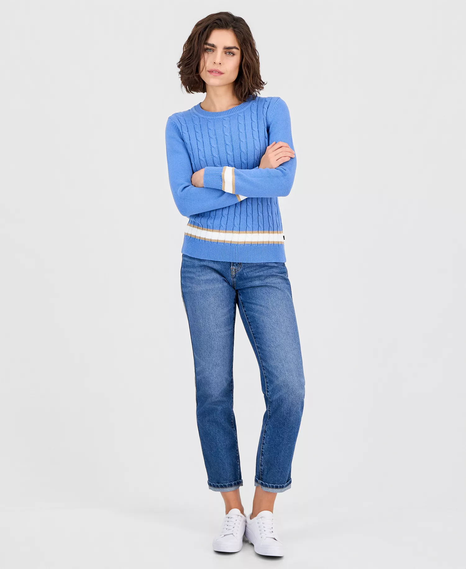 Nautica Women's Thick-Tipped Cable-Knit Crewneck Sweater - Blue Haze Multi - L