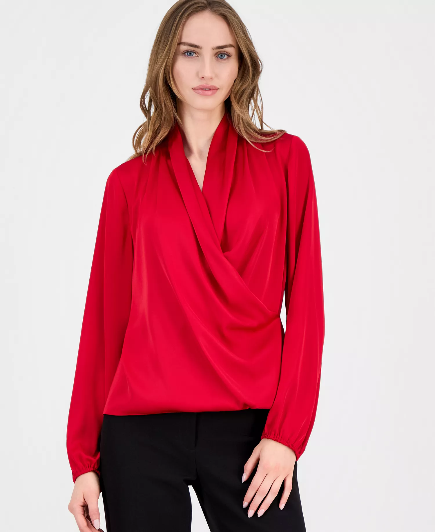 Women's Long-Sleeve Draped Wrap Blouse - Love Star - L