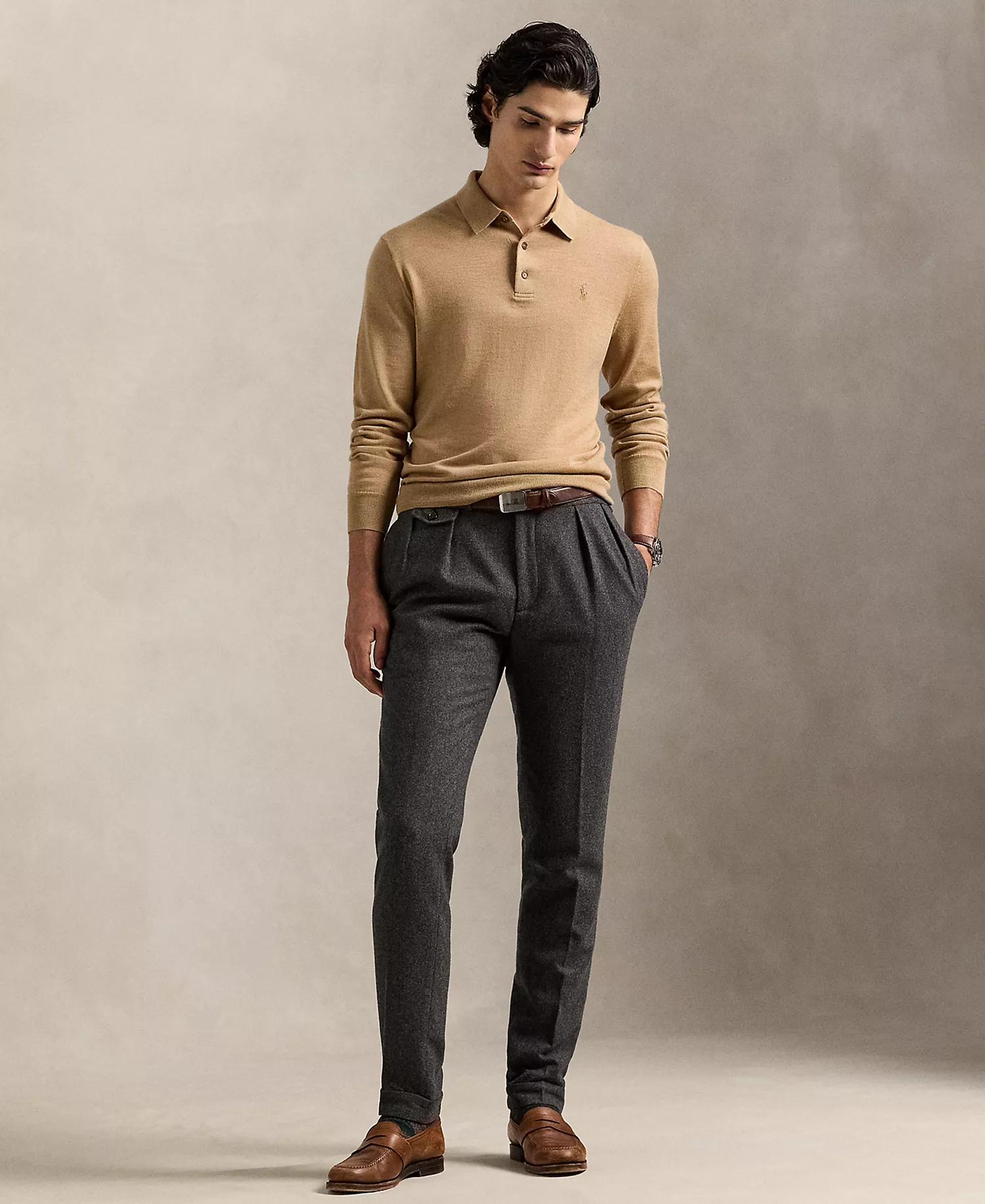 Men's Wool Polo-Collar Sweater - Camel Melange - 2XL