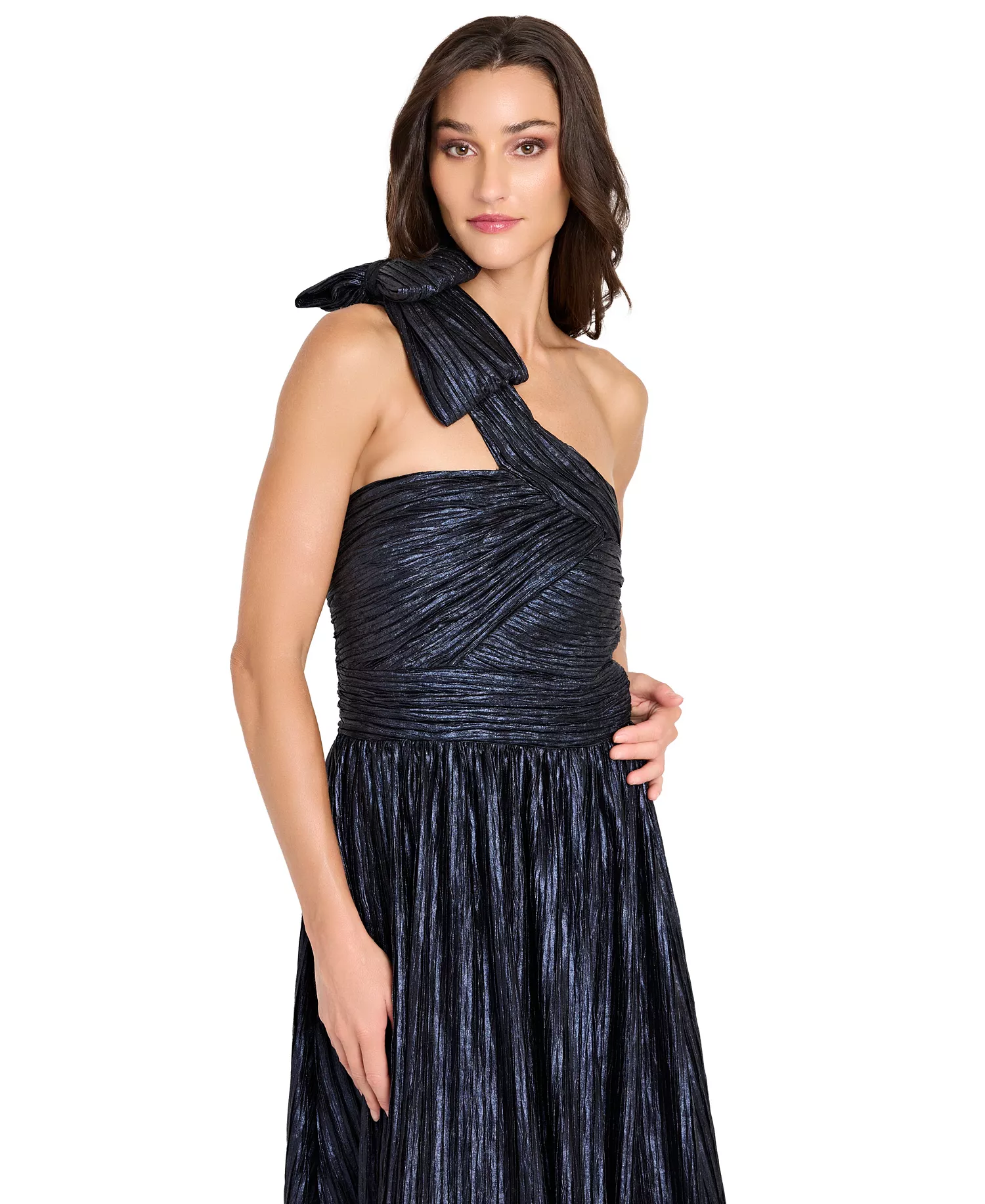 Women's One-Shoulder Crinkle Gown - Navy - 10