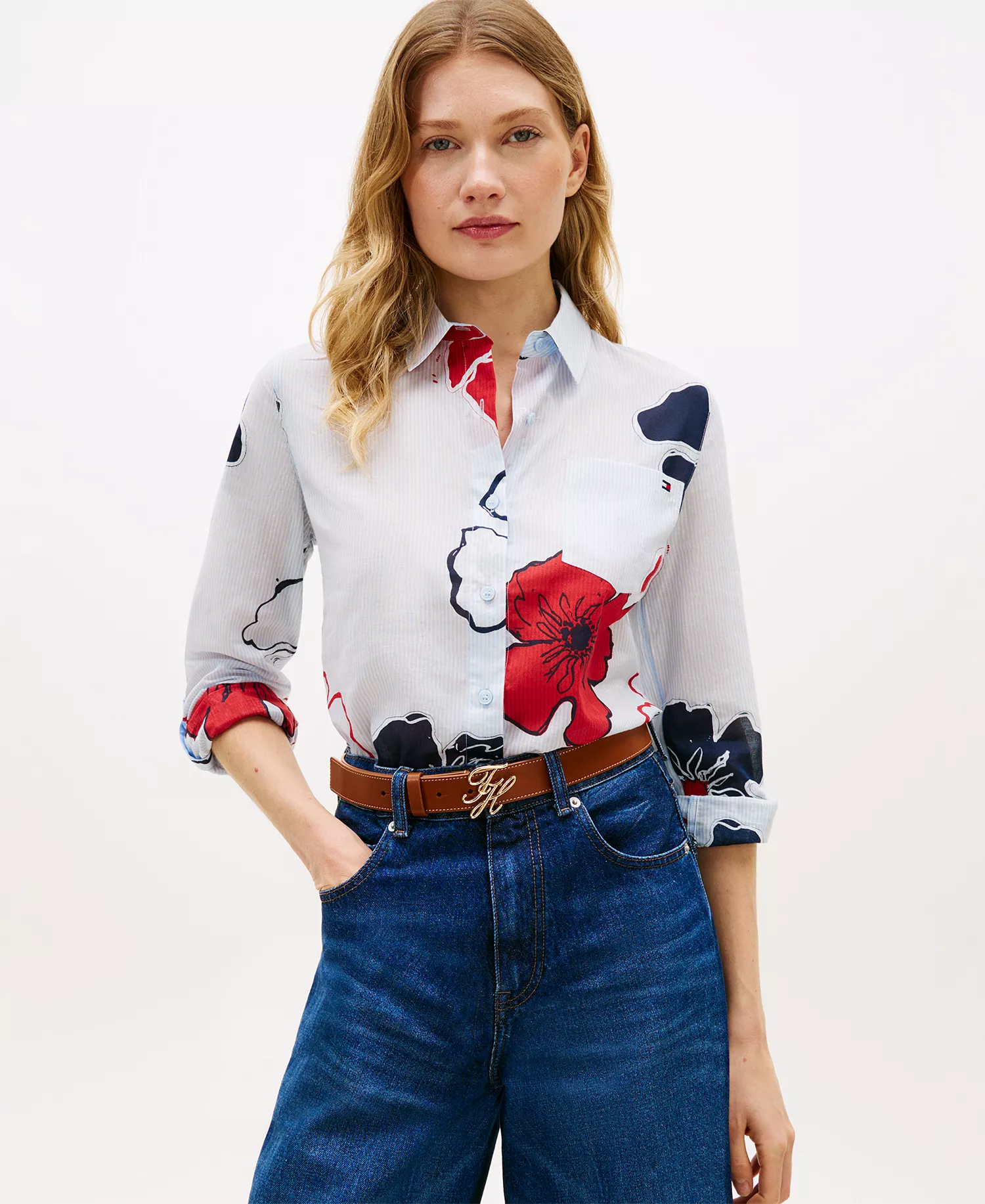 Women's Printed Button-Front Roll-Tab Shirt - Ithaca Poppy Print - L