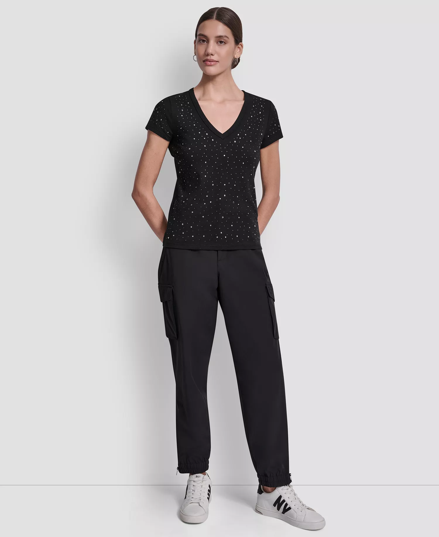 Women's Embellished V-Neck Top - Black/smoke Silver - XXS