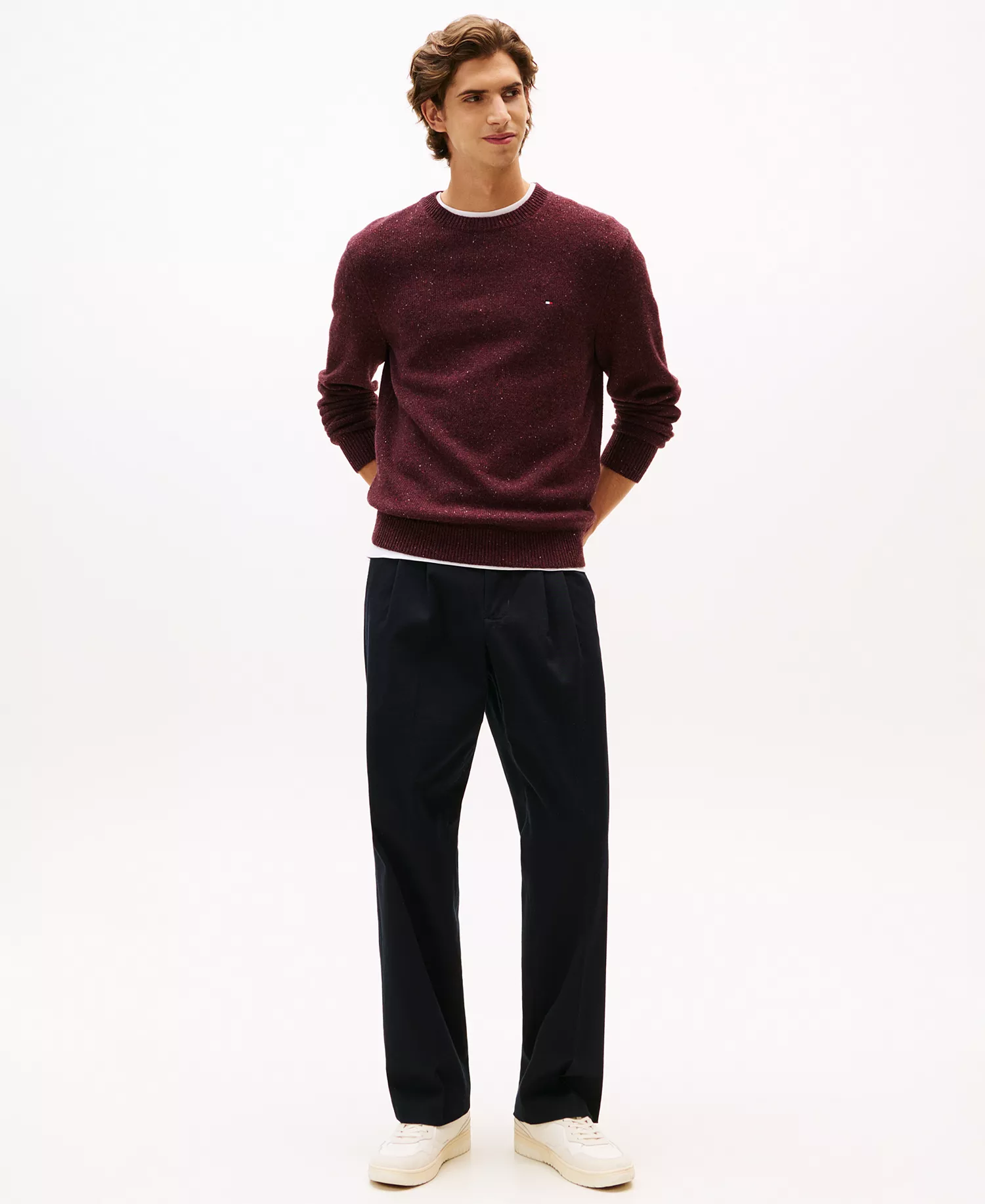 Men's Lambswool Blend Donegal Crewneck Sweater - Deep Burgundy Heather - L