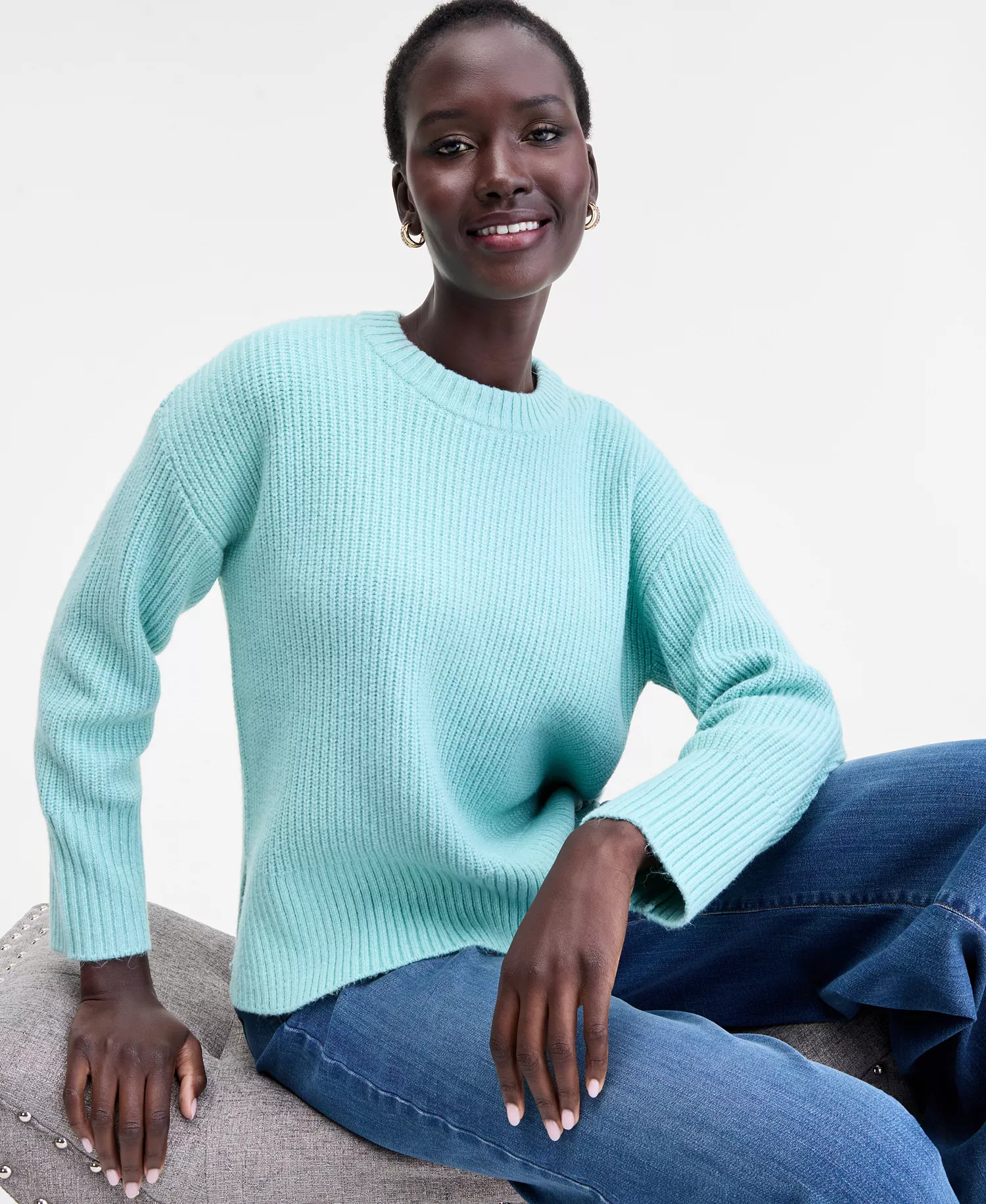 Women's Cozy Crew Neck Sweater, Macy's Exclusive - Tulum Blue - XS