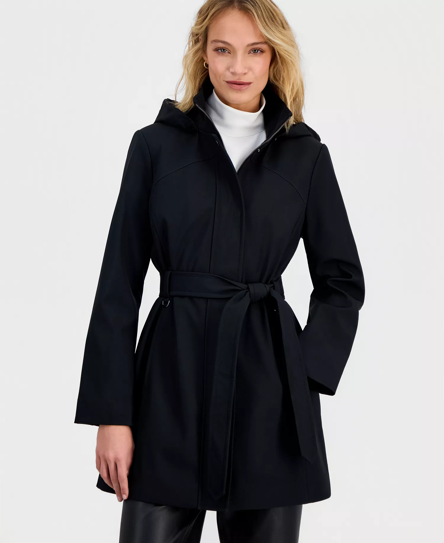 Petite Belted Zip-Front Raincoat - BLACK - P/L