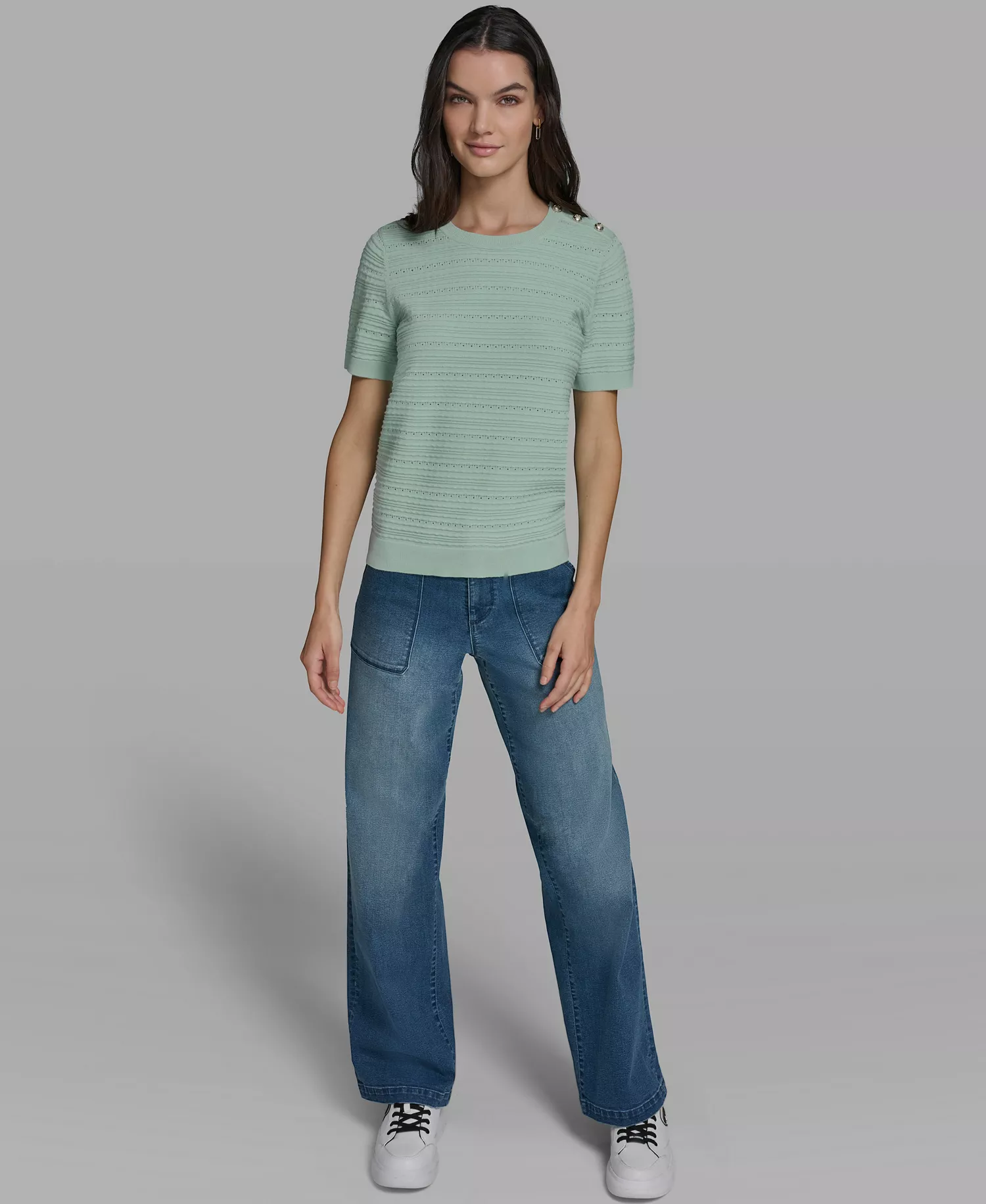 Women's Solid Pointelle Crew Neck Sweater - Fresh Mint - L