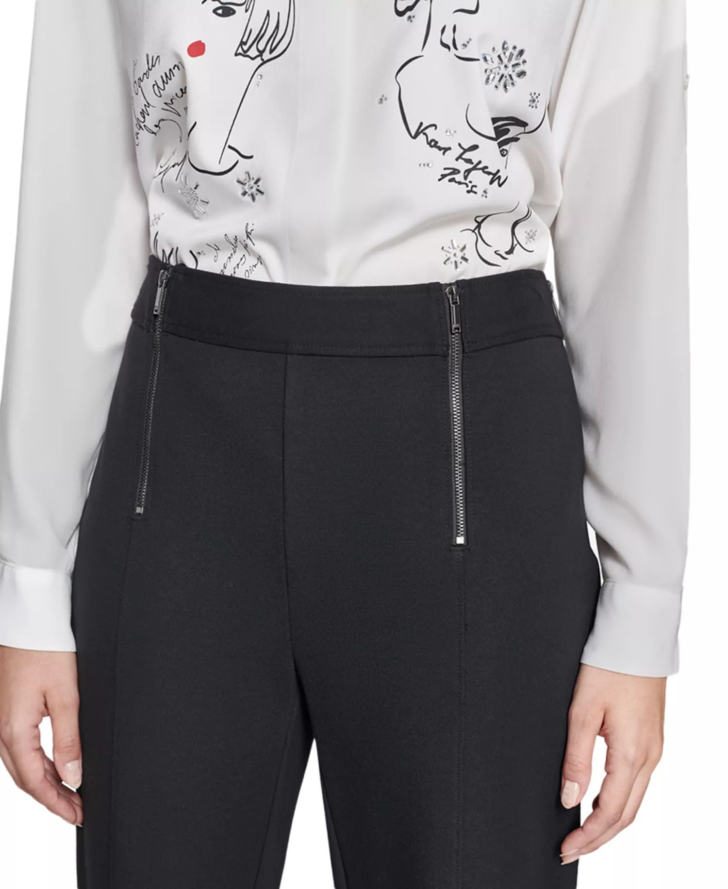 Faux-Zipper Mid-Rise Straight-Leg Ponte Pants - Black - L