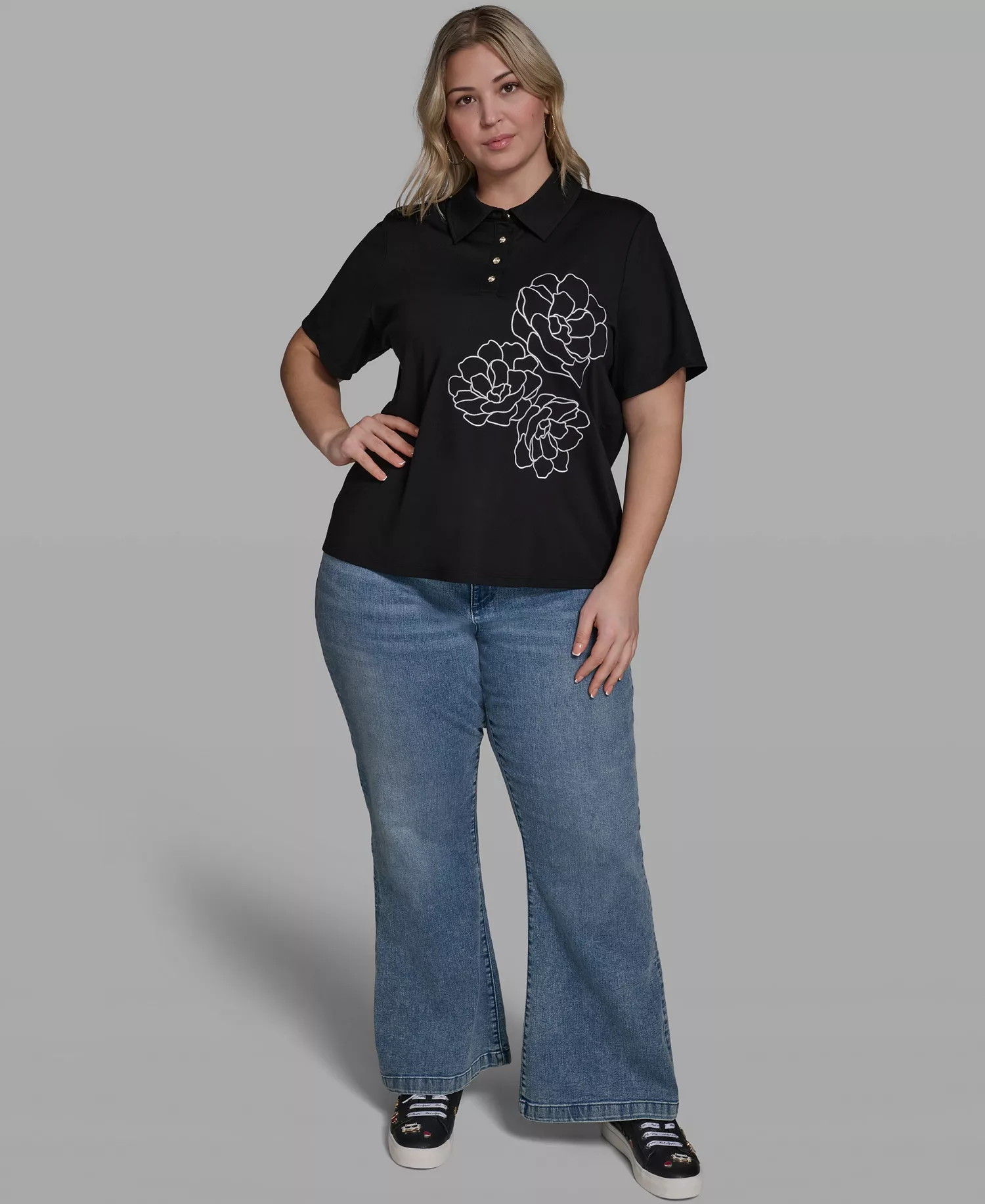 Plus Size Floral Polo Short-Sleeve Top - Black - 0X