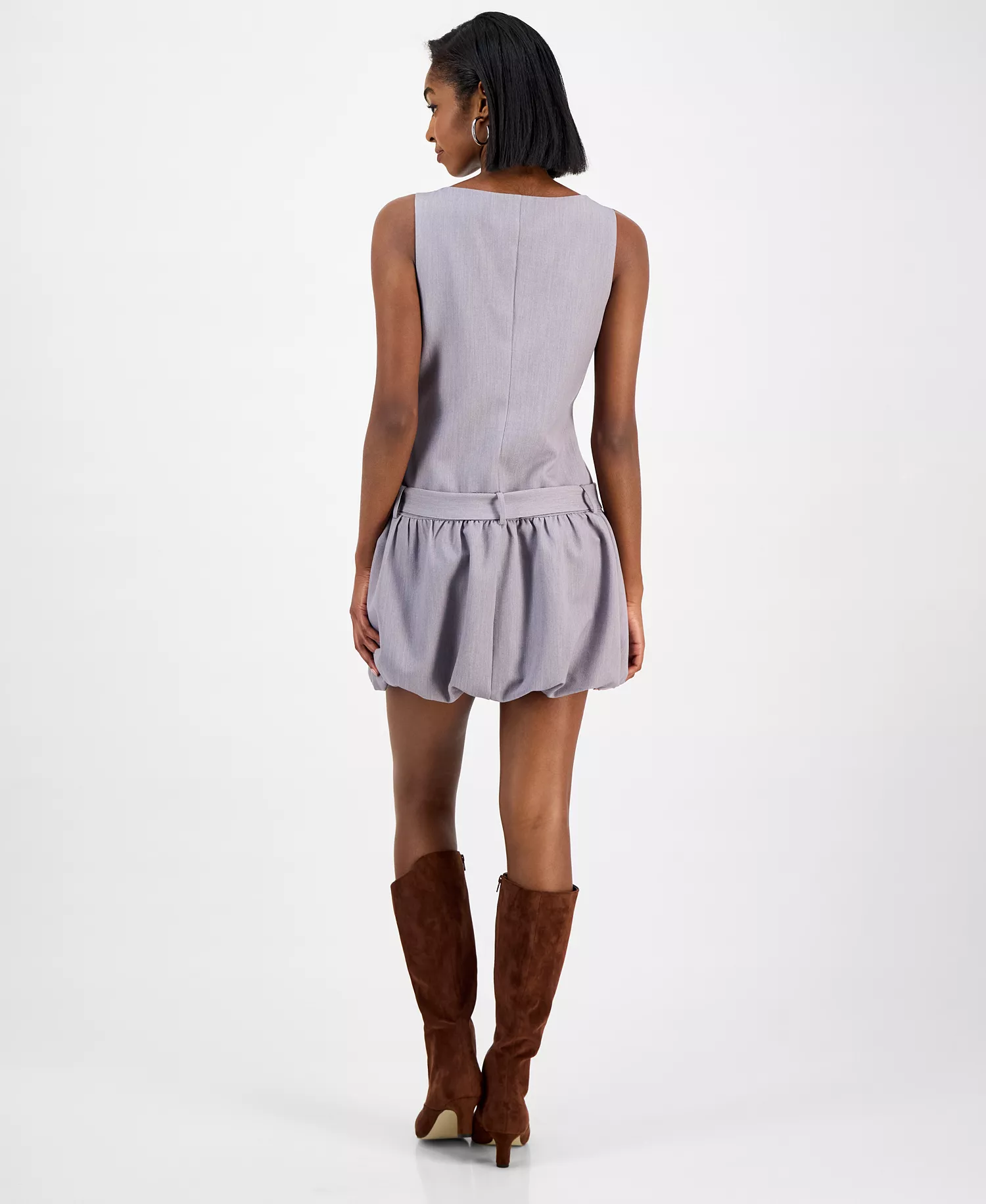 Women's Belted Bubble-Hem Minidress, Macy's Exclusive - Mercury Grey - L