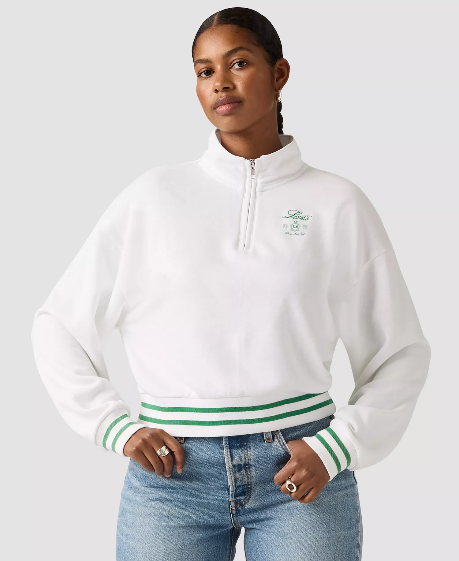 Women's Crewneck Long-Sleeve Top - 1/4 Zip Crest Levis Bright White - L