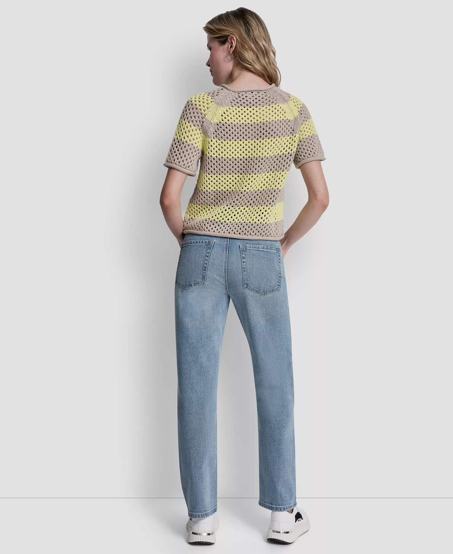 Women's Short-Sleeve Raglan Stripe Pointelle Pull-On Sweater - Pebble/lemon Light - L