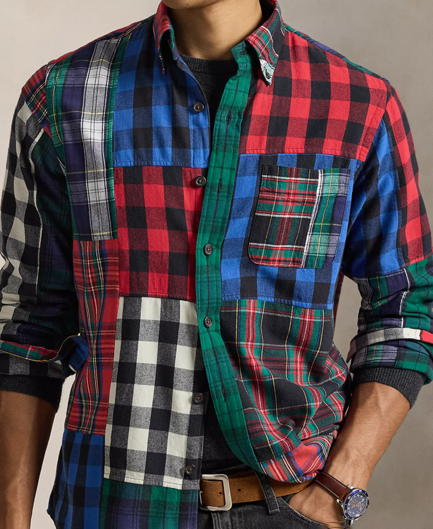 Men's Button-Down Polo Shirt - Holiday Buffalo Patchwork - XS