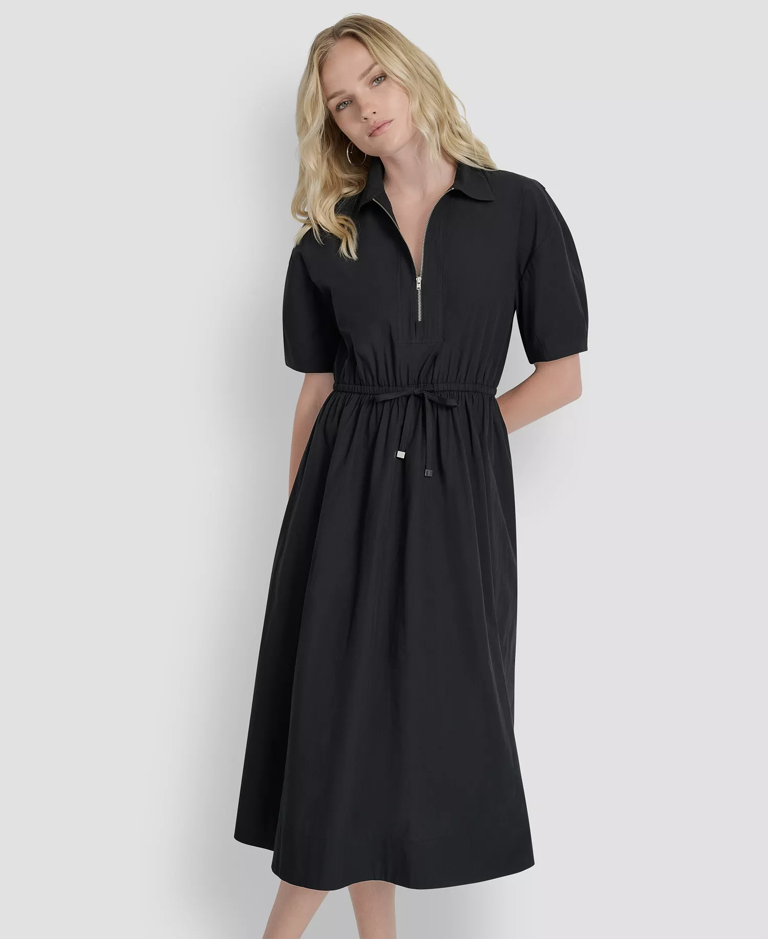 Women's Short-Sleeve Collar Zip Neck Midi Dress - Black - 10