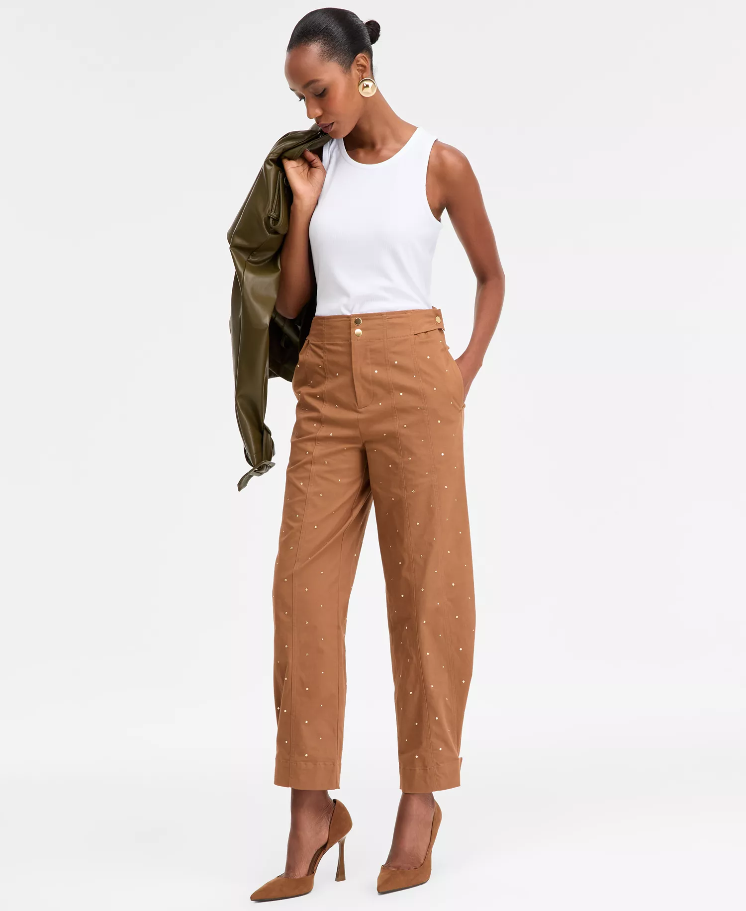 Women's Studded Tapered Pants, Macy's Exclusive - Brown Saira - 10