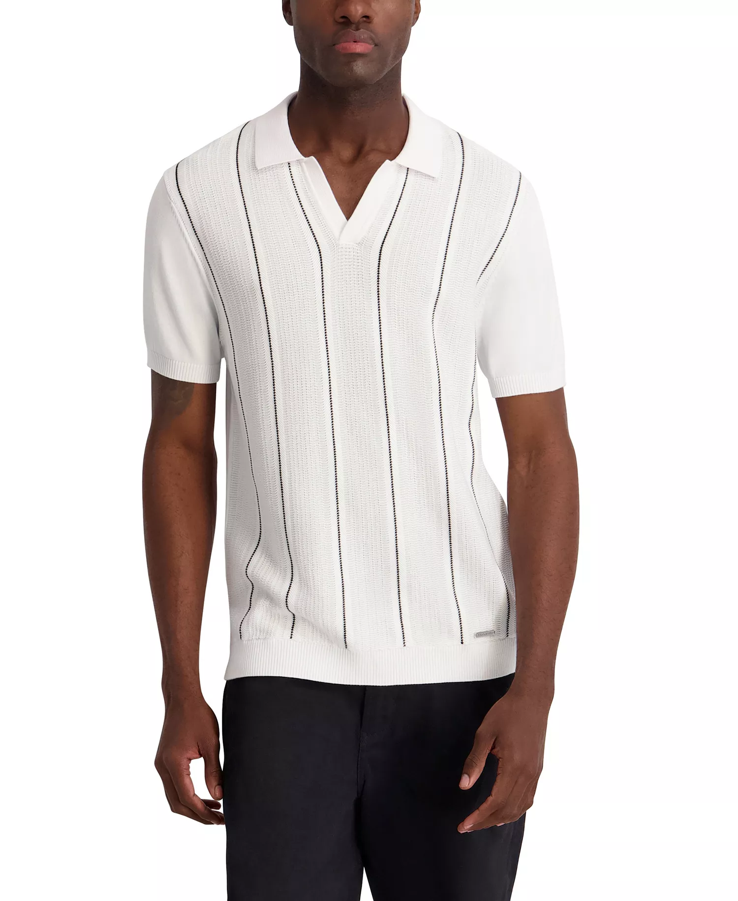 Men's Vertical Stripe Textured Johnny Collar Polo Shirt - White - 2XL