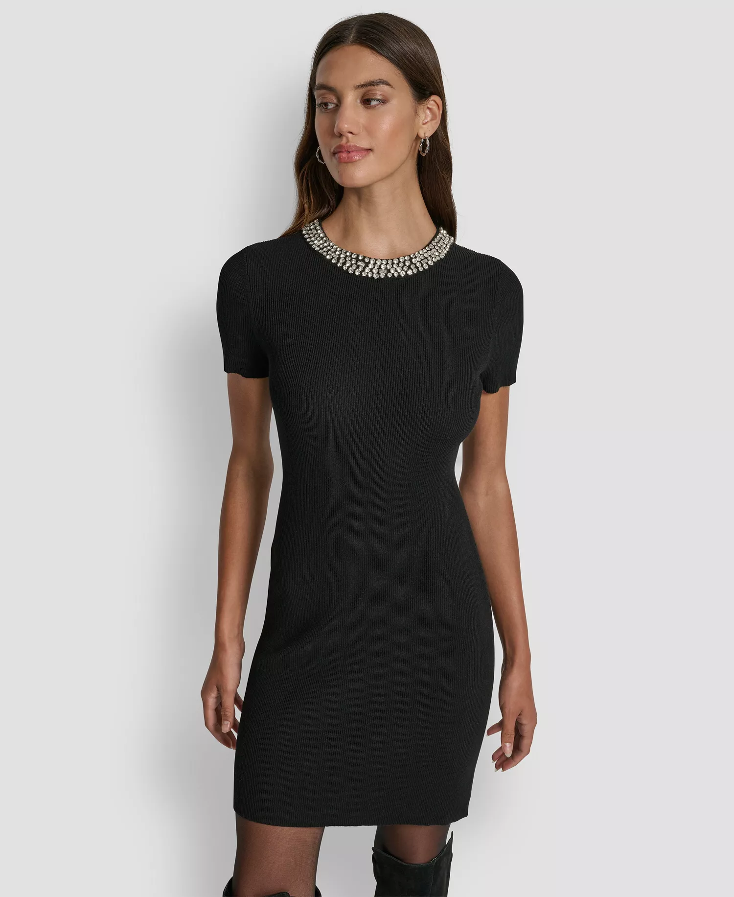 Women's Short-Sleeve Embellished Neck Short Dress - Black - L