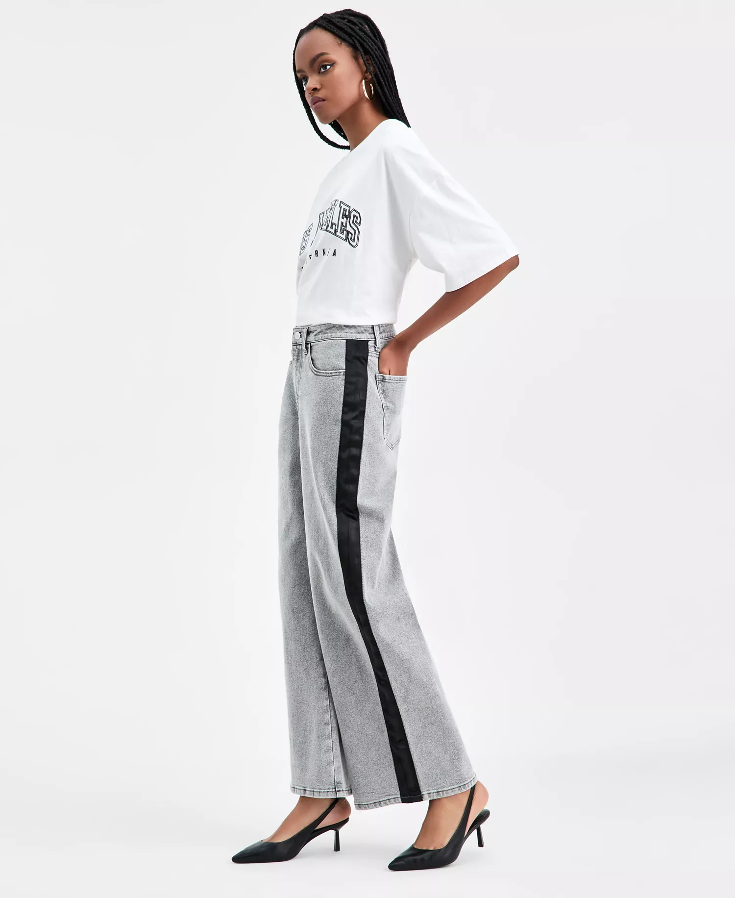 Women's High-Rise Side-Stripe Wide-Leg Jeans, Macy's Exclusive  - Light Ash - 0