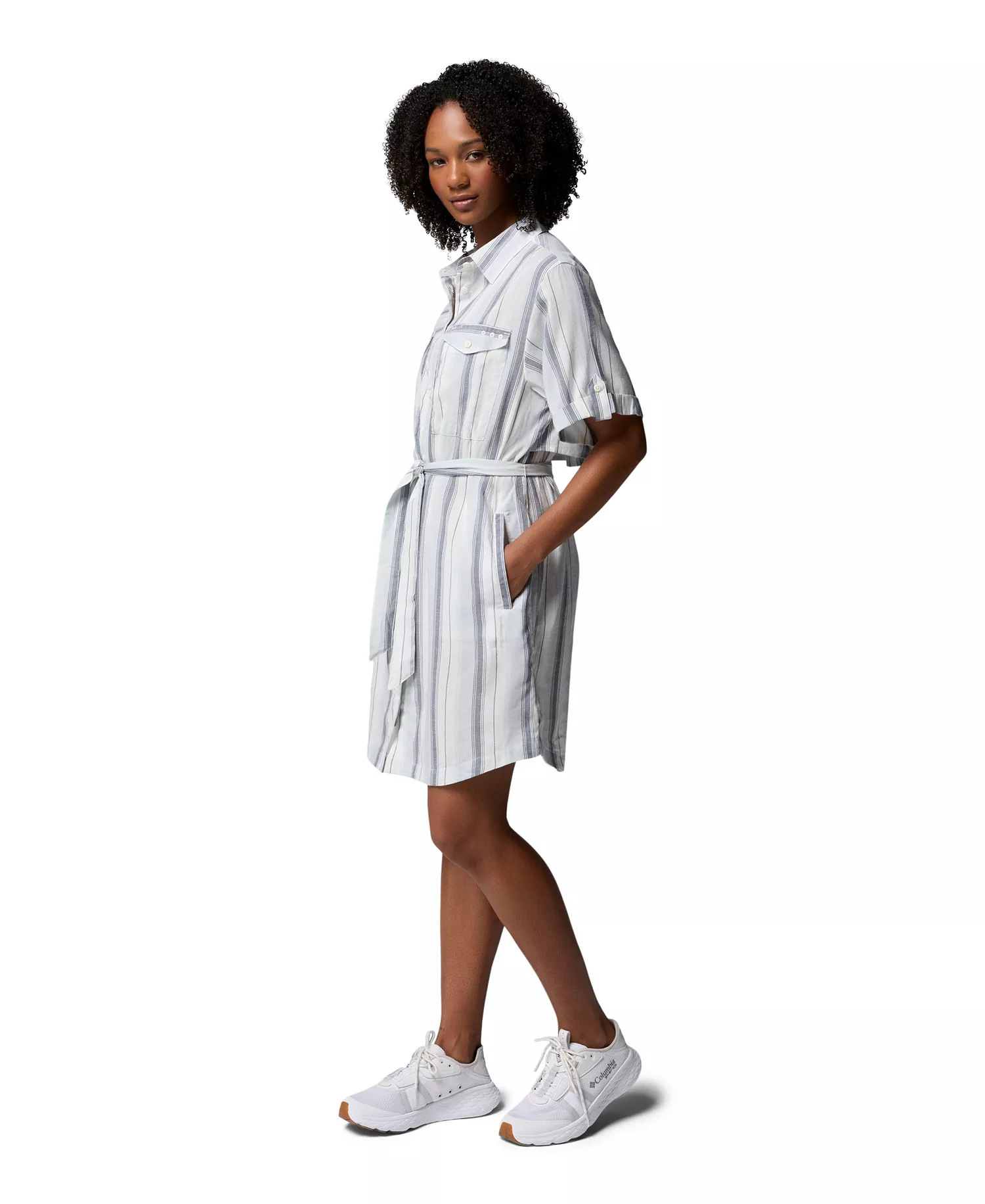 Women’s Striped Short-Sleeve Shirt Dress - Cirrus Grey, Lowtide Stripe - L