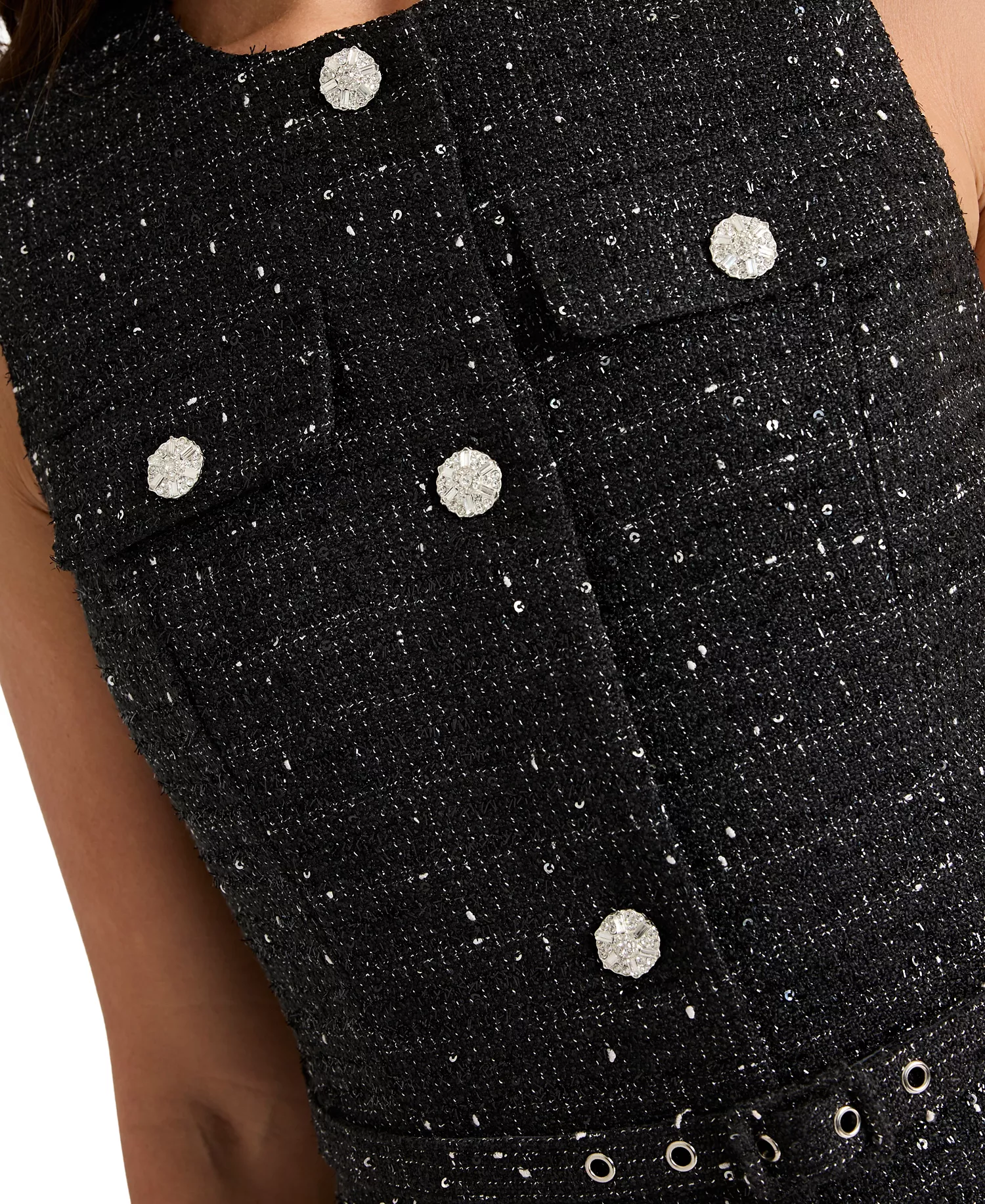 Women's Round Neck Button Front Rhinestone Trim Vest Top - Black Silver - 12