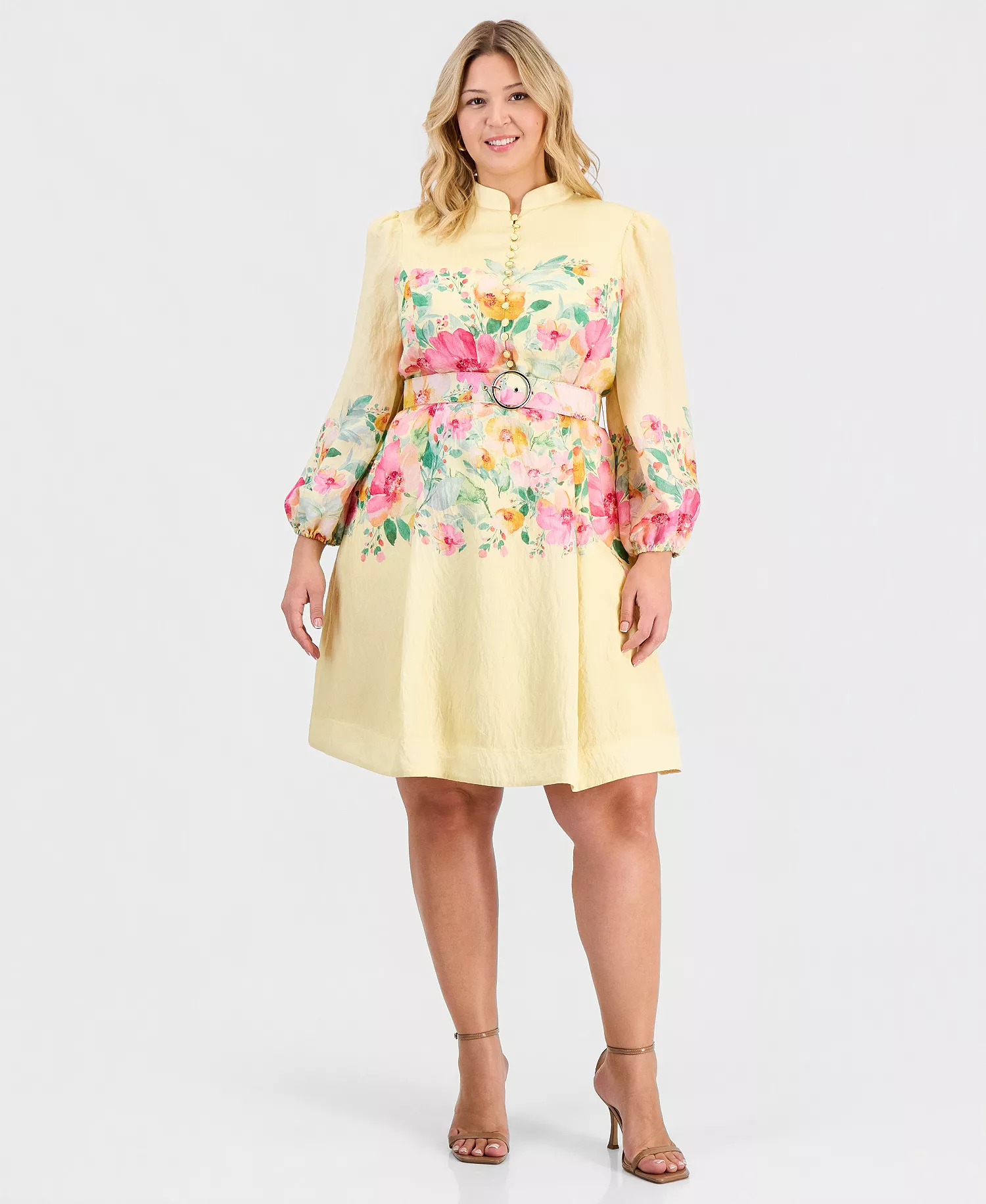 Plus Size Placed-Print Belted Fit & Flare Dress - Buttercup Multi - 14W