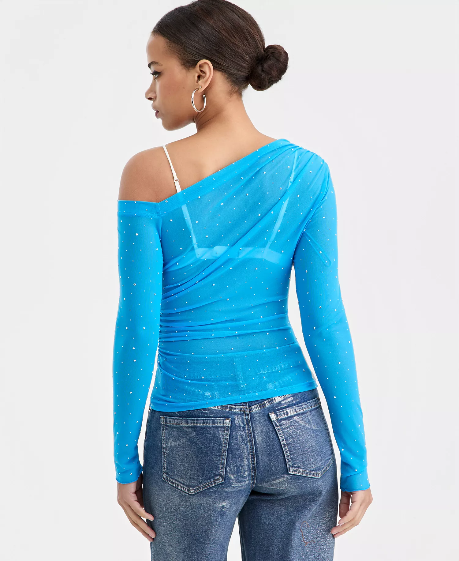 Women's Asymmetric Embellished Mesh Top, Macy's Exclusive - Aztec Sky - L