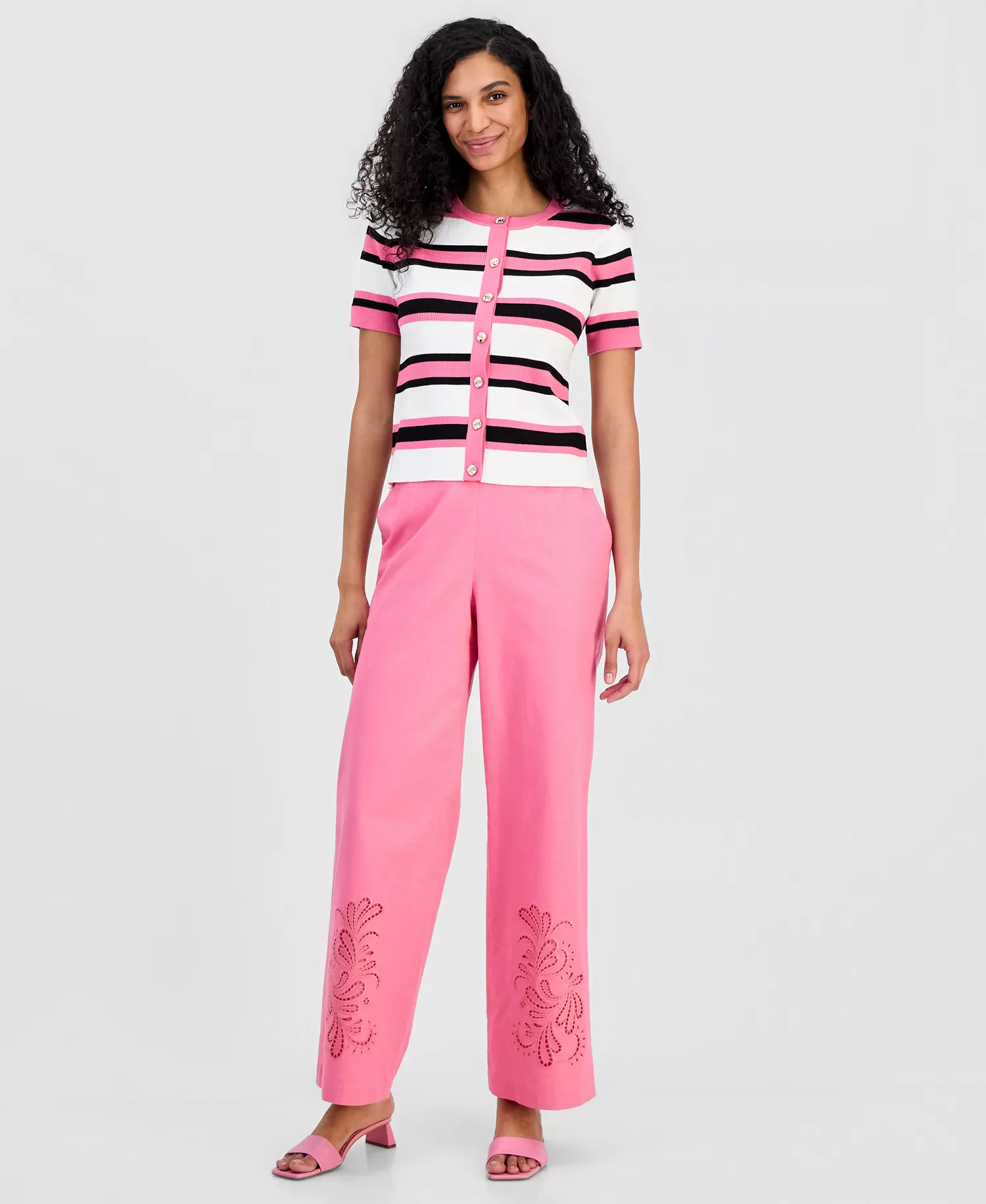 Women's Short-Sleeve Ribbed Cardigan - Parisian Pink Stripe - L