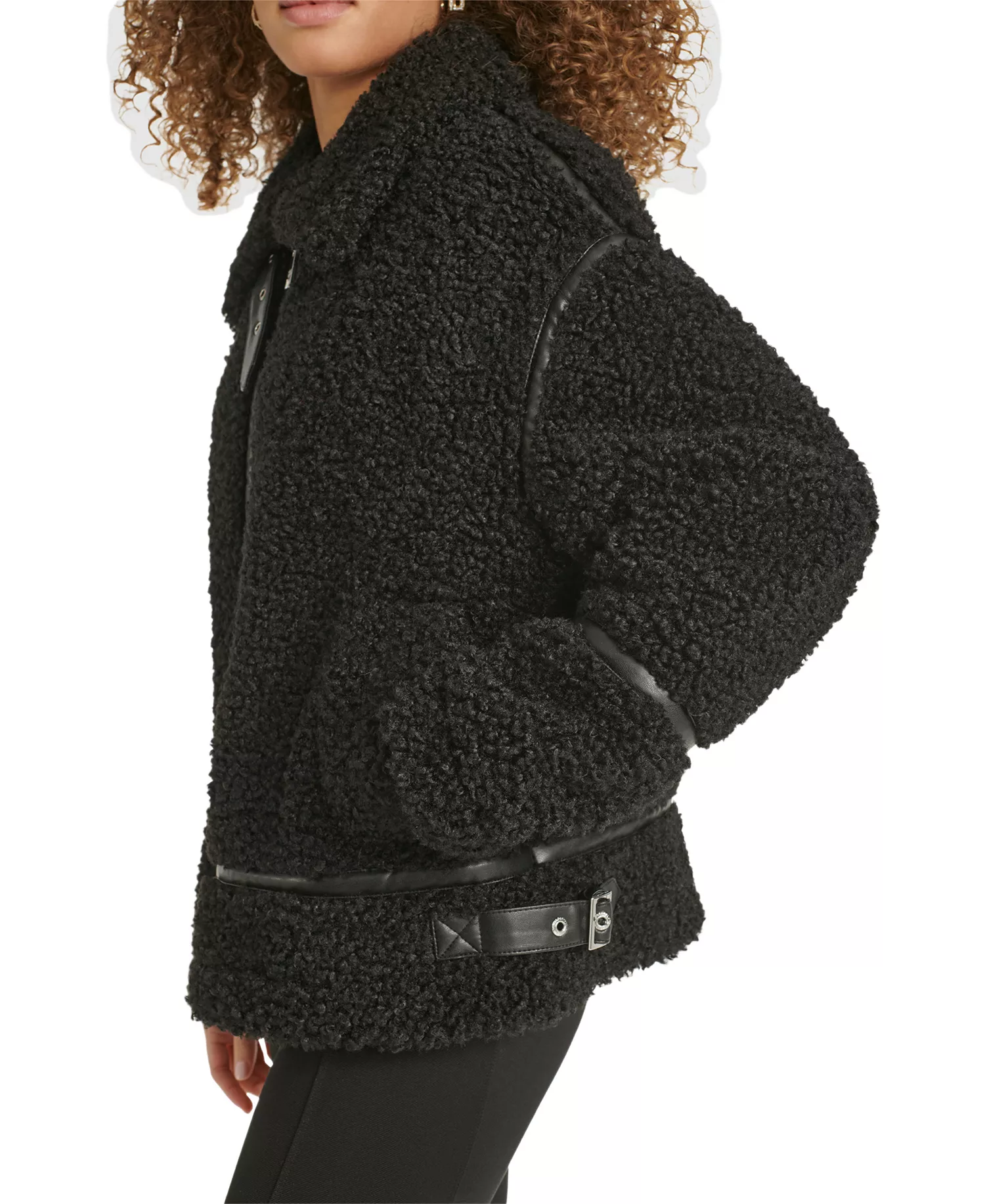 Women's Faux-Leather-Trim Teddy Moto Coat - Black - L