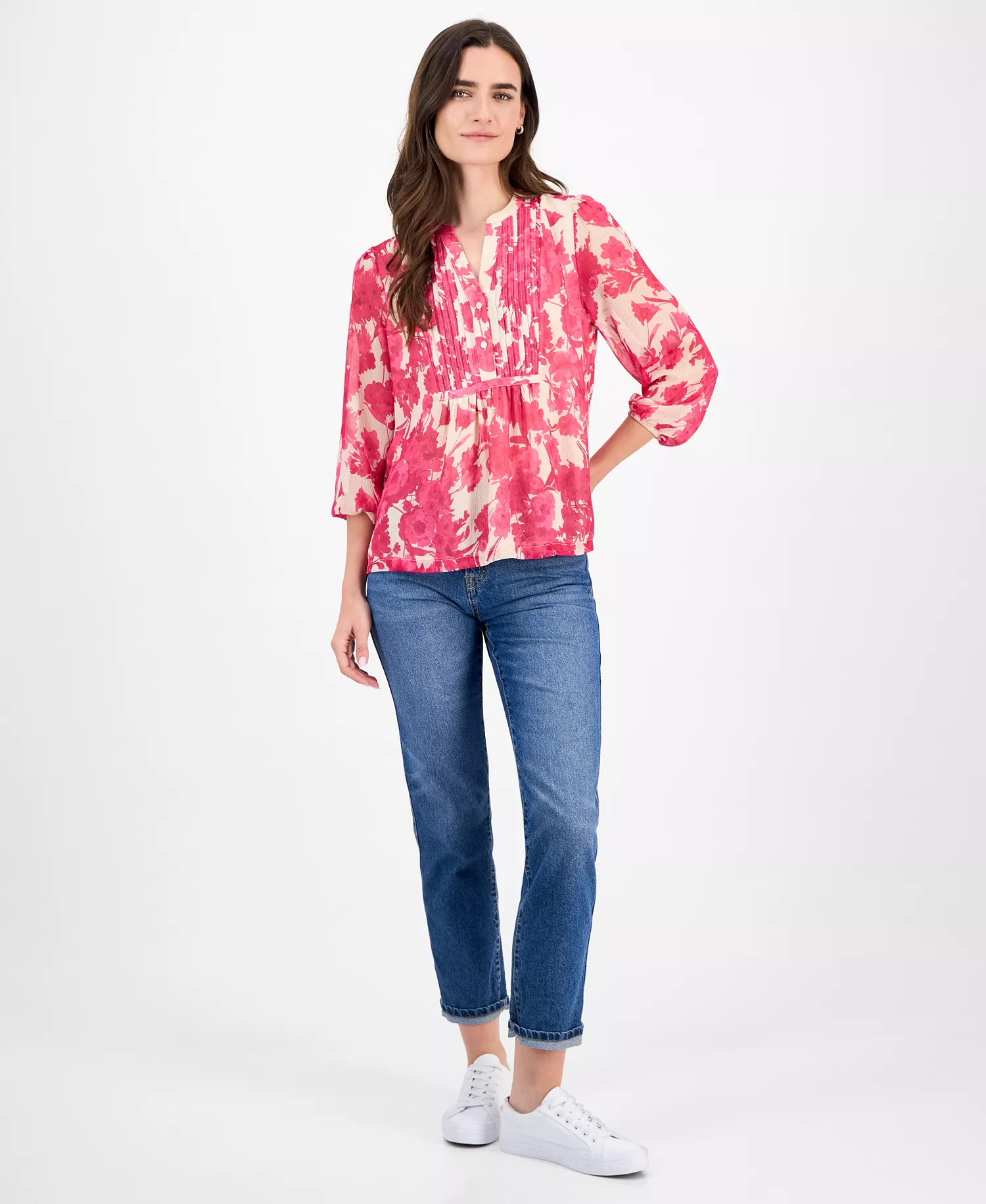 Nautica Women's Festival Floral Pintuck Blouse - Pink - L