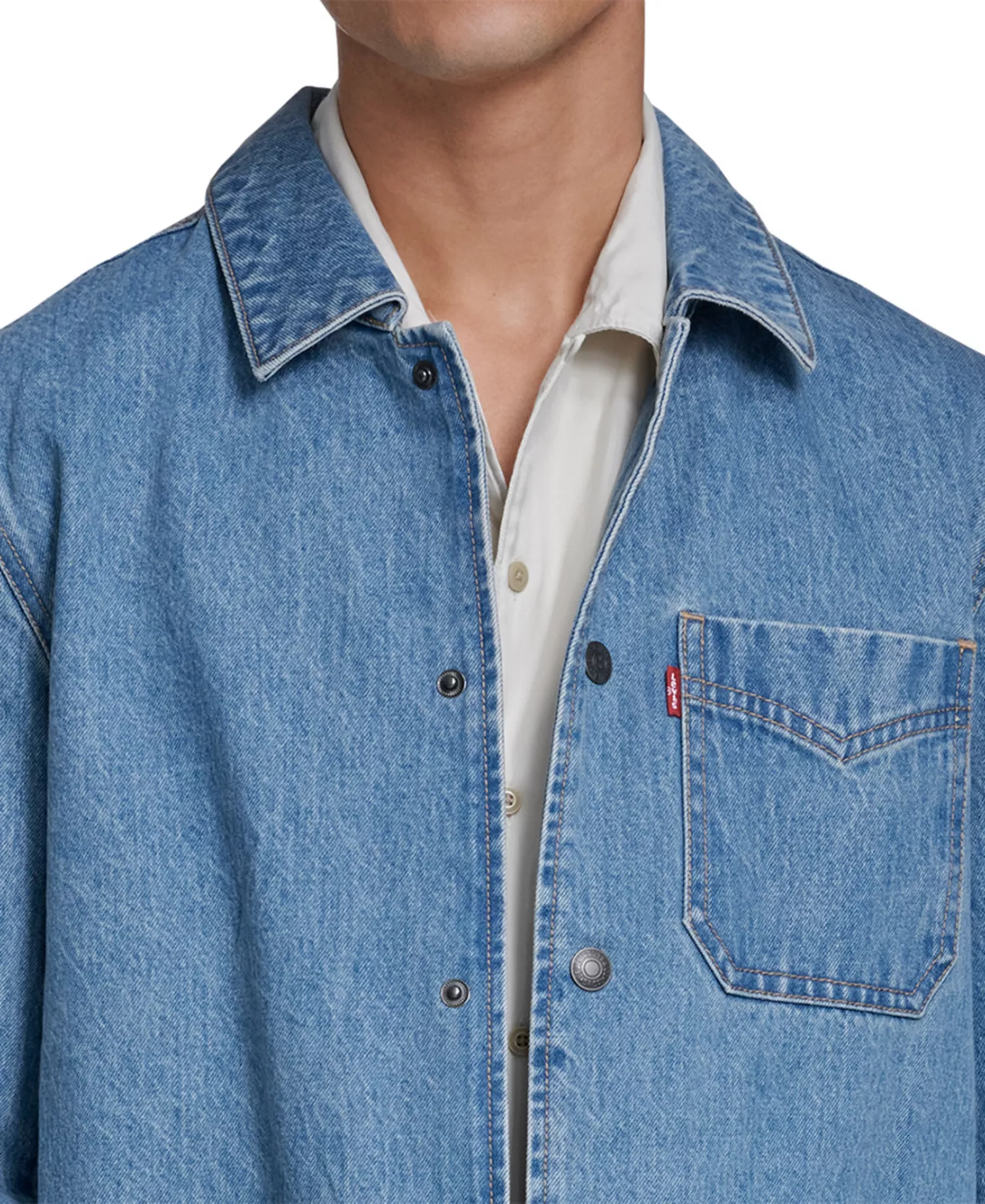 Men's Three-Pocket Zippered Chore Denim Jacket - Light Wash Denim - 2XL