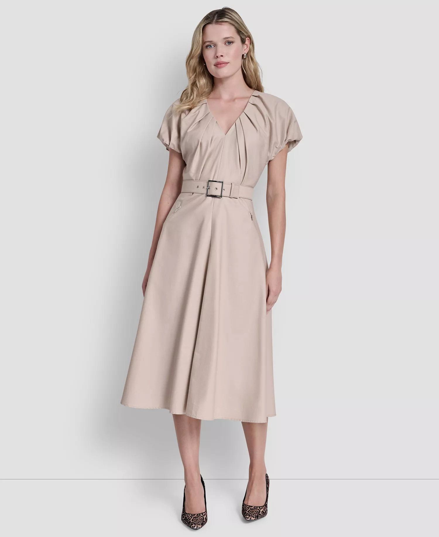 Women's V-Neck Belted Midi Dress - Moonlight - 10
