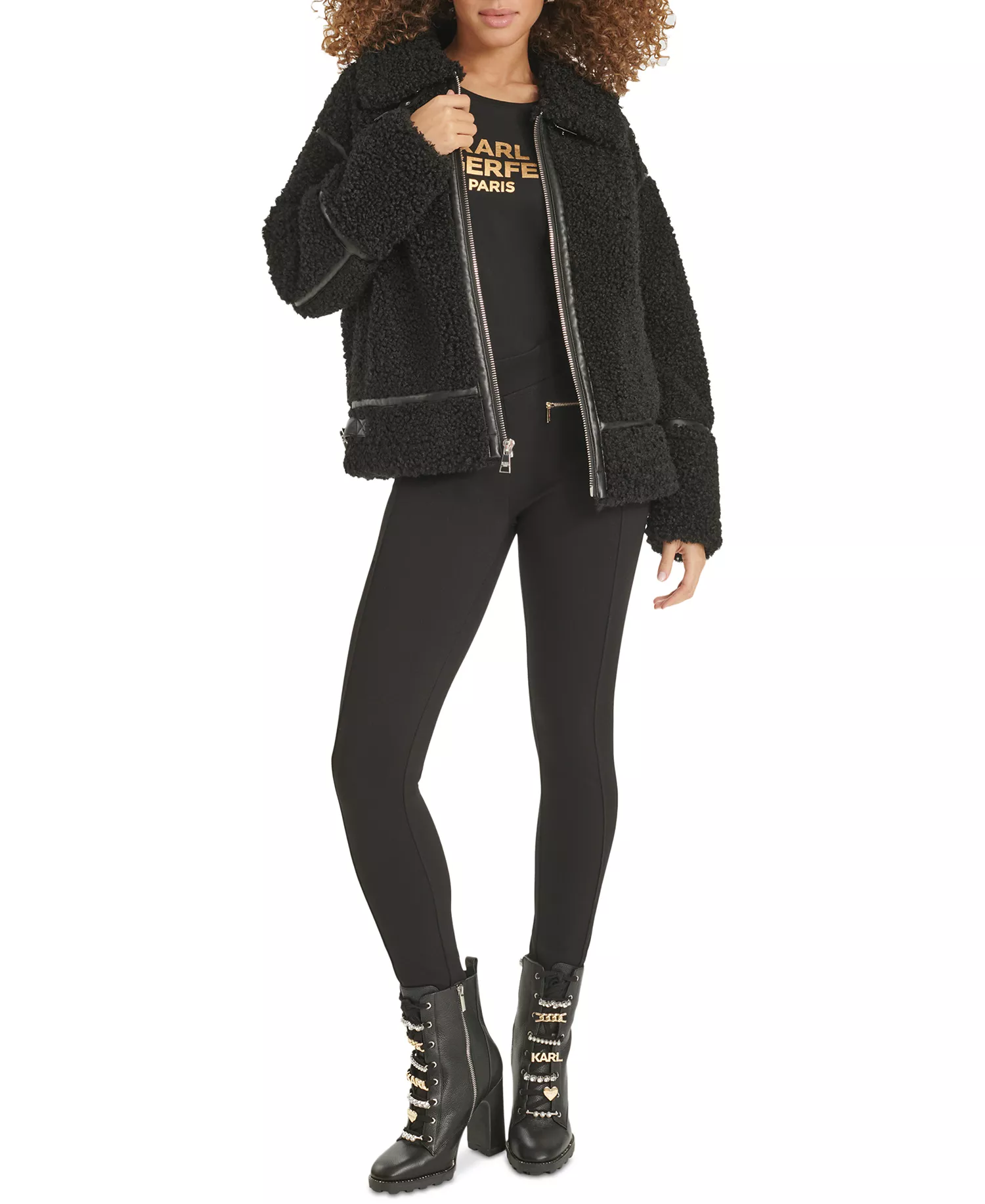 Women's Faux-Leather-Trim Teddy Moto Coat - Black - L