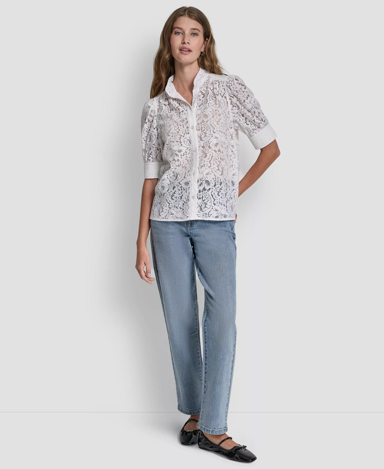 Women's Lace Puff Sleeve Stand Collar Shirt - Ivory - L