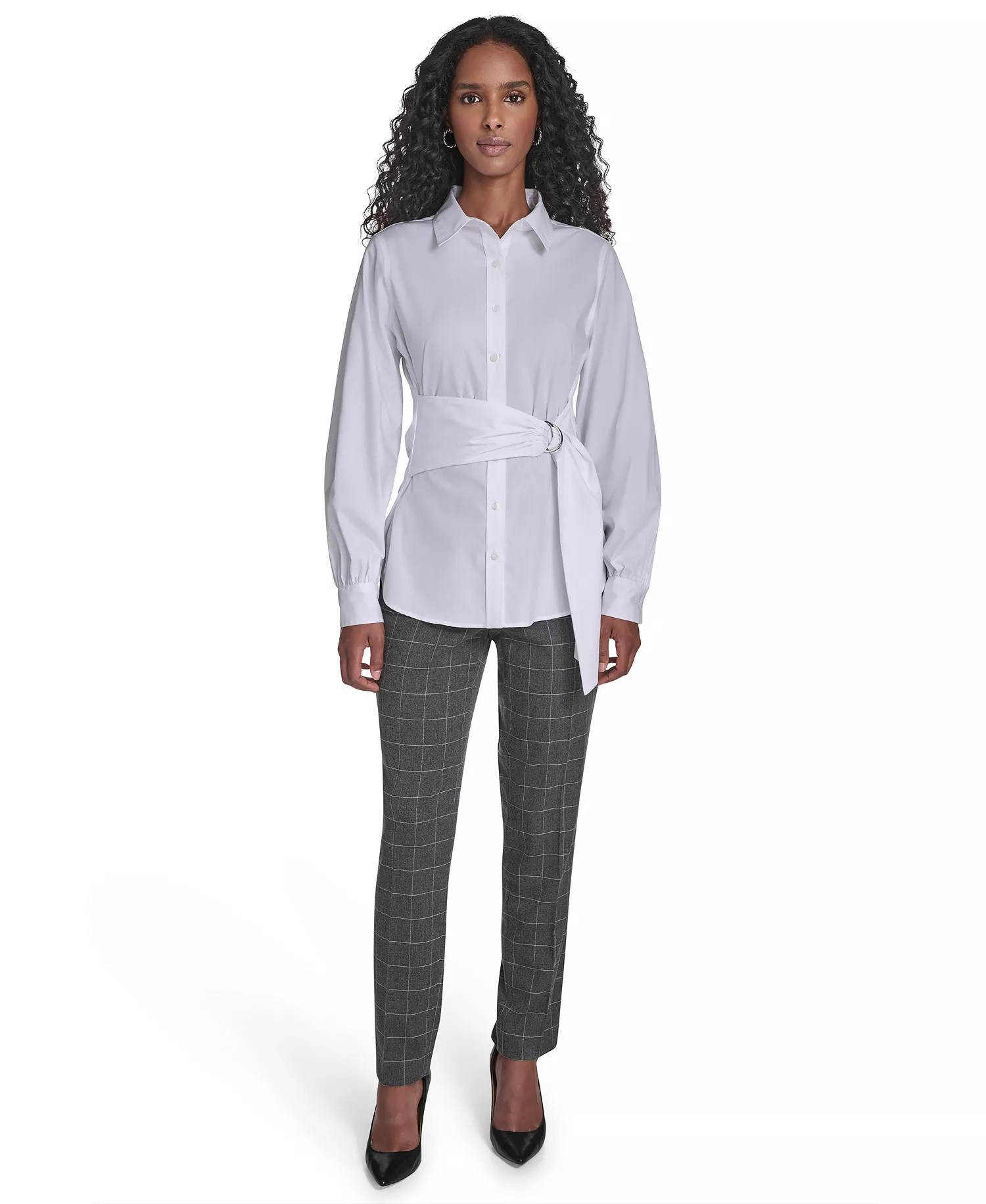 Women's Tie Waist Collared Neck Top - White - L