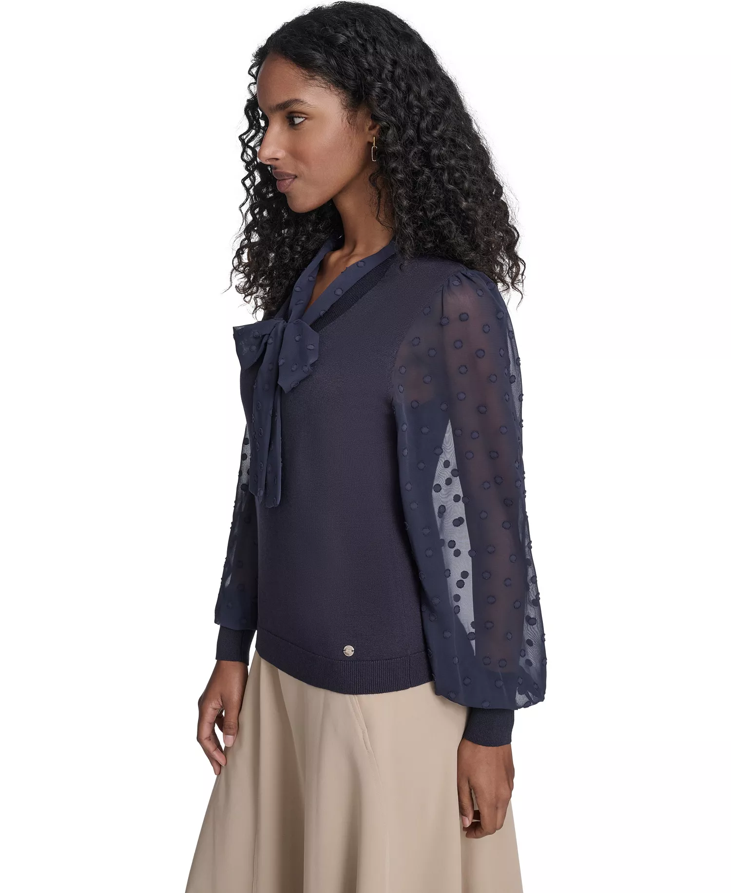 Women's Mixed Media Floral Clip Long Sleeve Sweater - Midnight - L