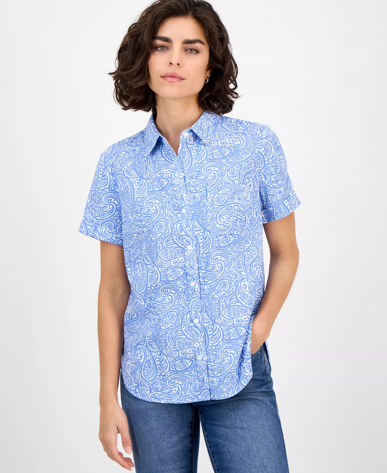 Nautica Women's Paisley Short-Sleeve Camp Shirt - Blue Haze Multi - L
