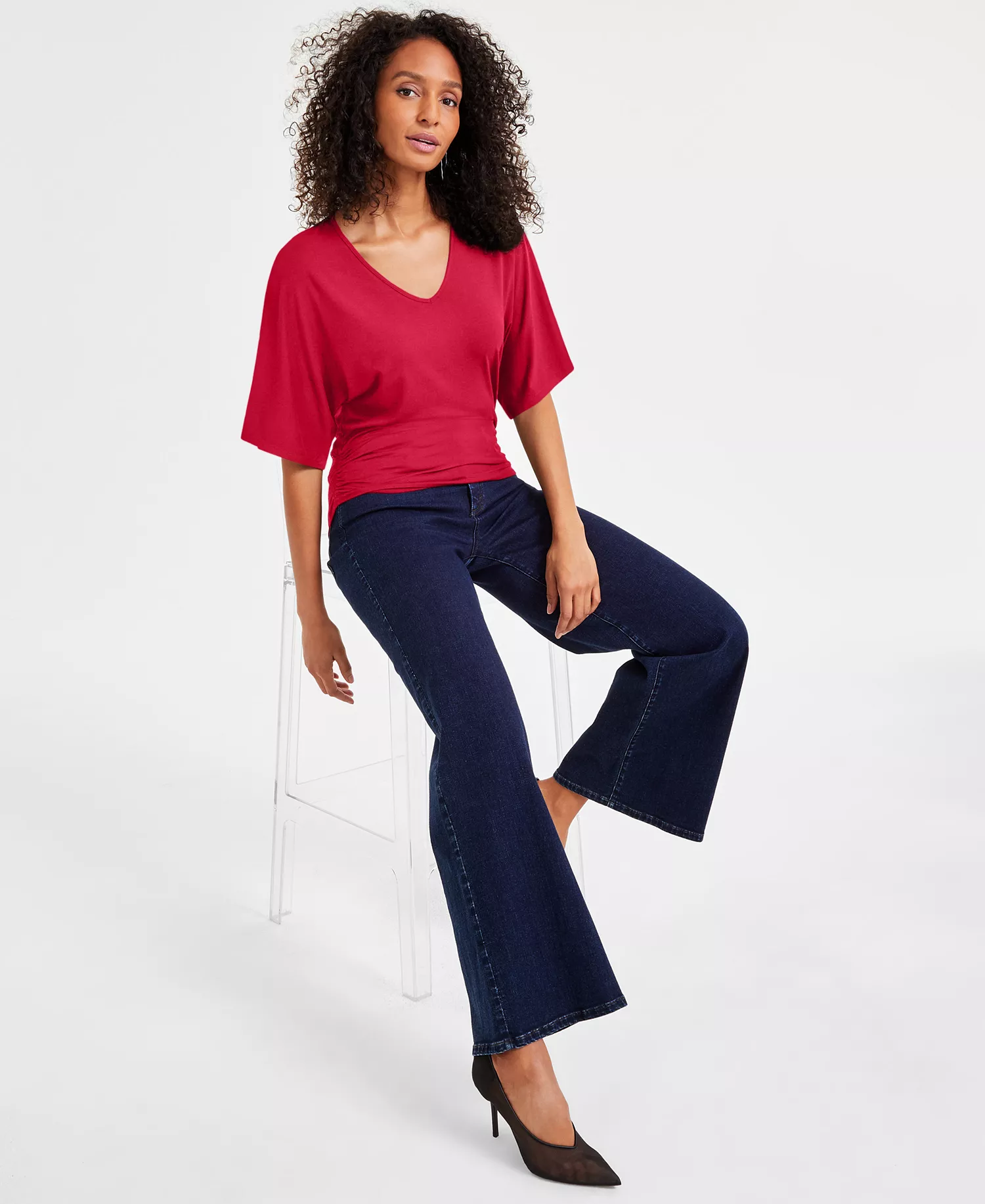 Women's V-Neck Dolman-Sleeve Top, Exclusively at Macy's  - Bright Crimson - L