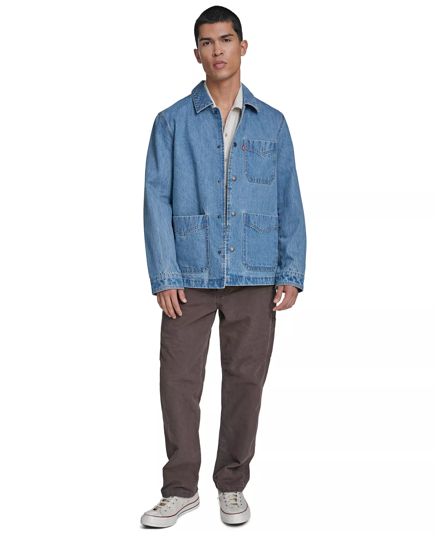 Men's Three-Pocket Zippered Chore Denim Jacket - Light Wash Denim - 2XL