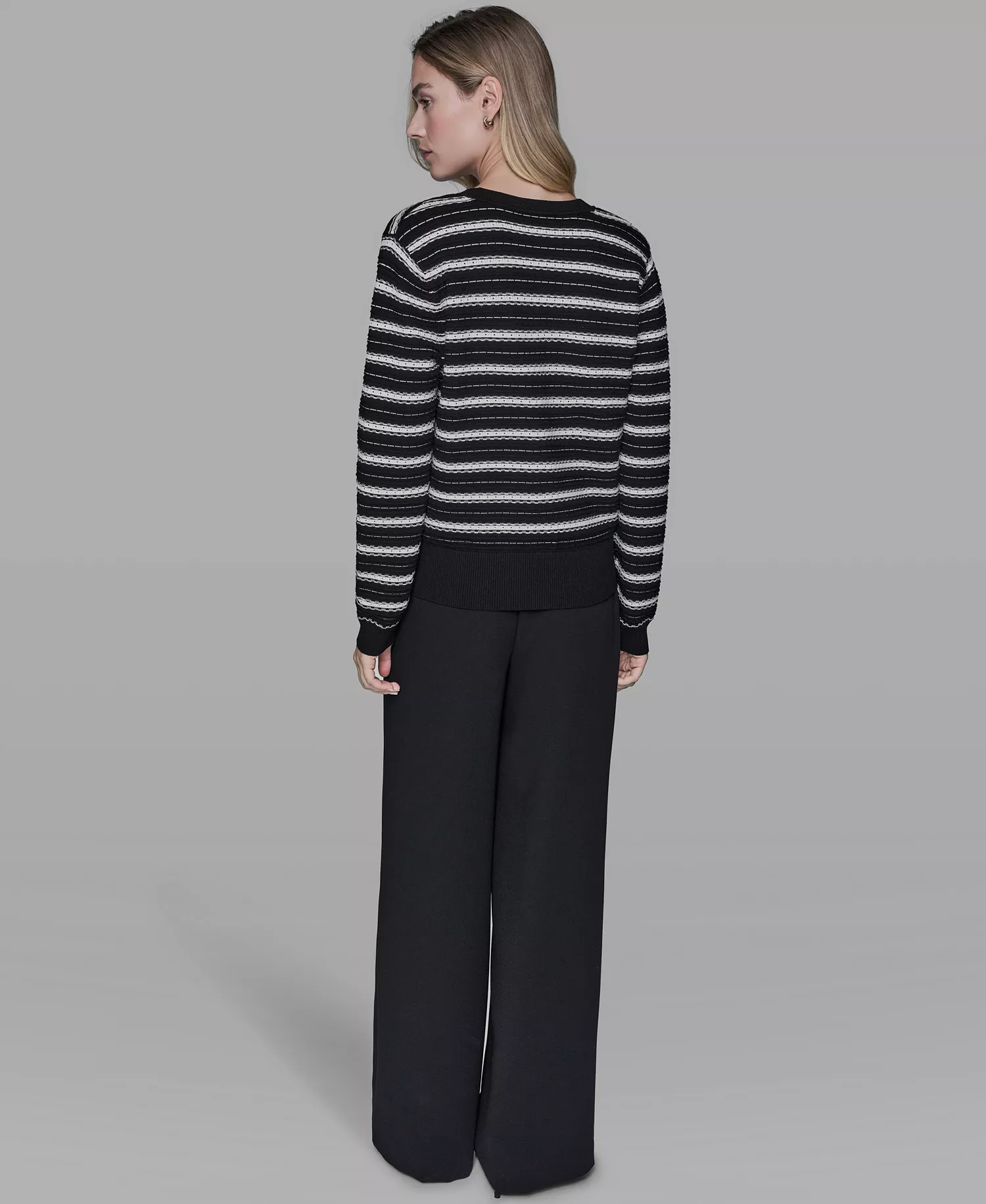 Women's Pointelle Stripe V-Neck Cardigan Sweater - Black/Bisque - L