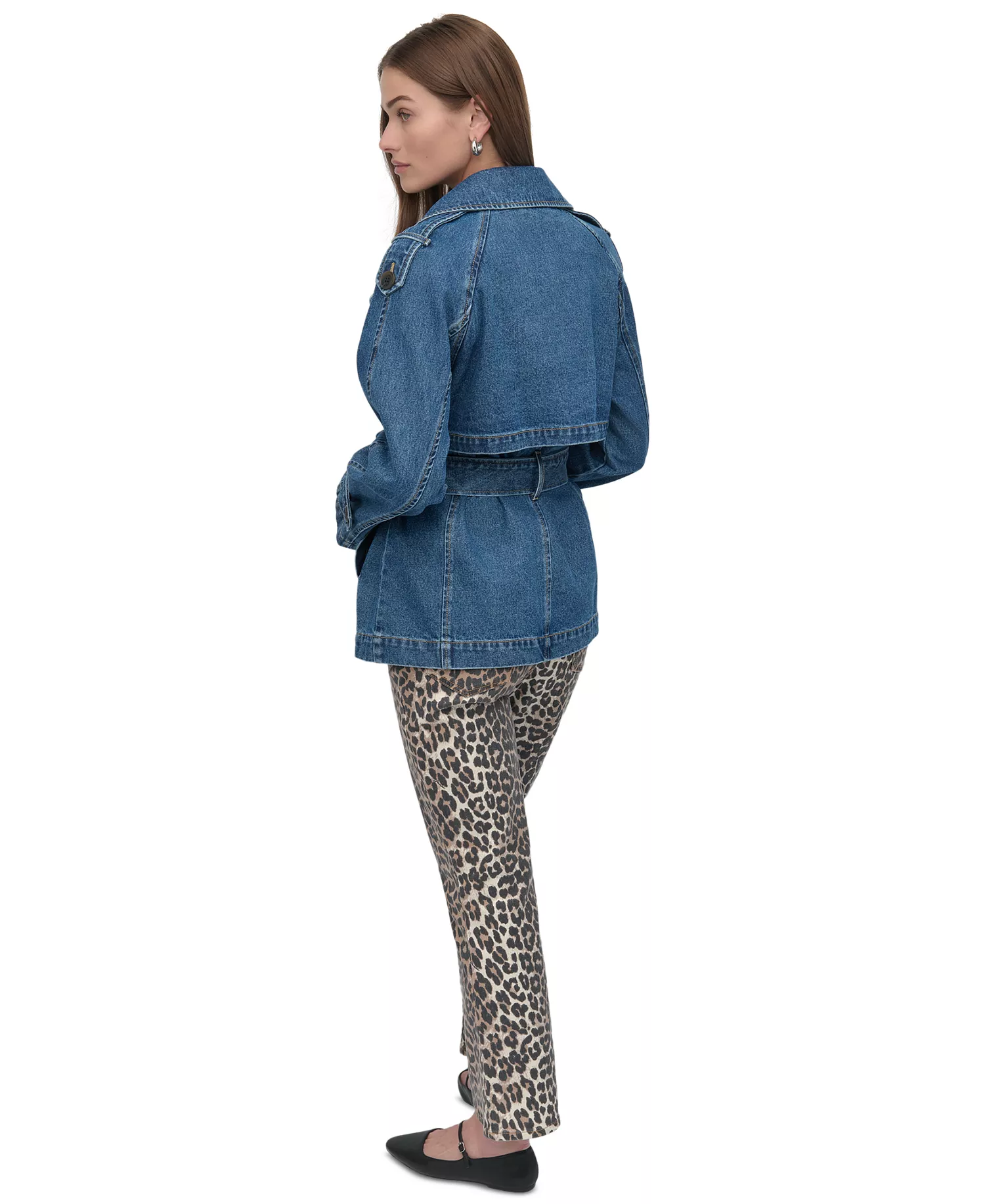 Women's Short Belted Double-Breasted Trench Coat - Washed Denim - L