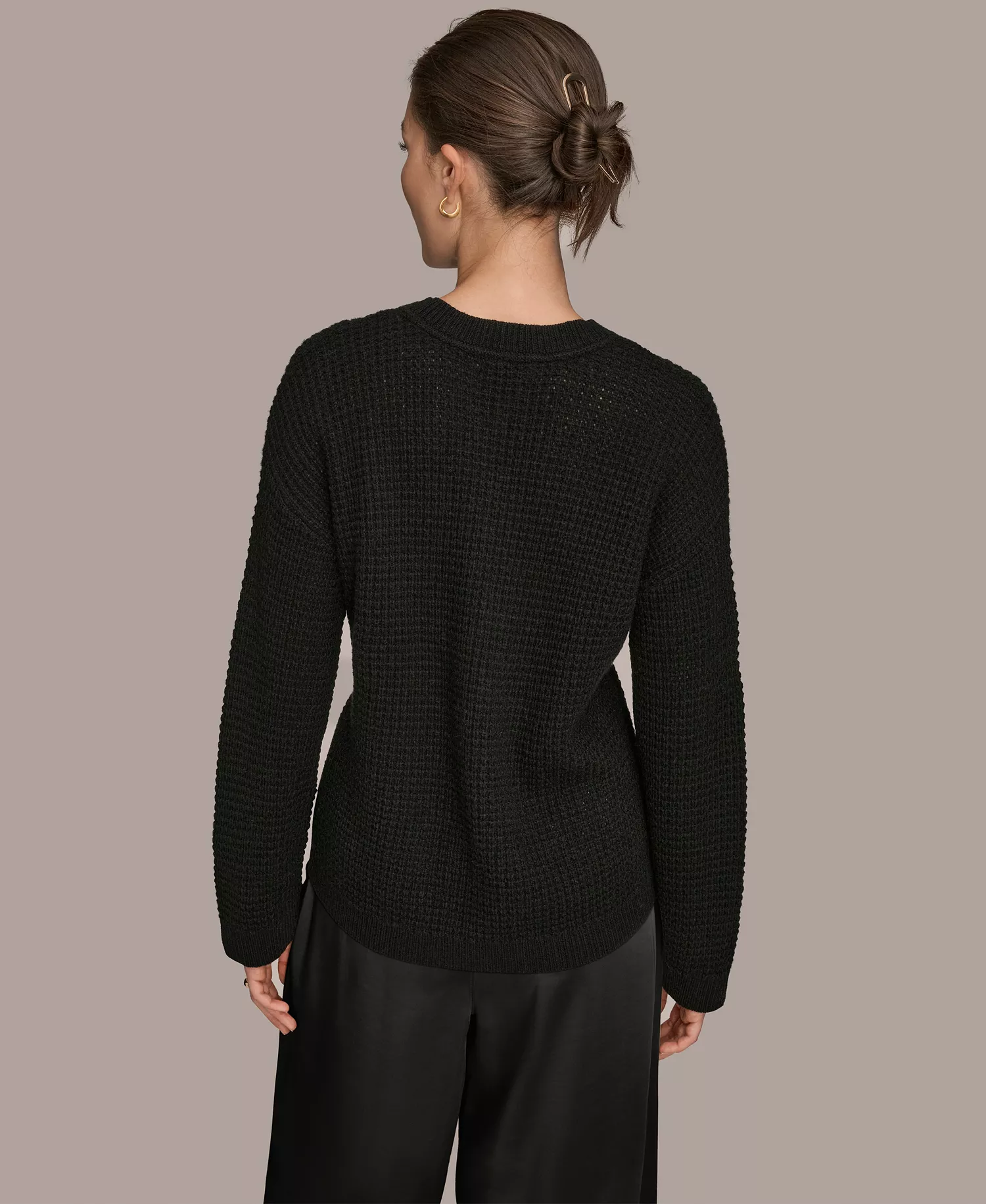 Women's Long-Sleeve Wool Cashmere Blend Waffle Stitch Sweater with Chest Pocket - Black/Silver - L