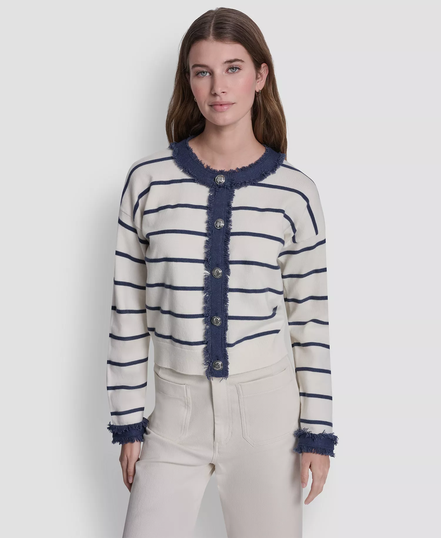 Petite Denim Fringe Crewneck Striped Cardigan - Eggnog/indigo - PL