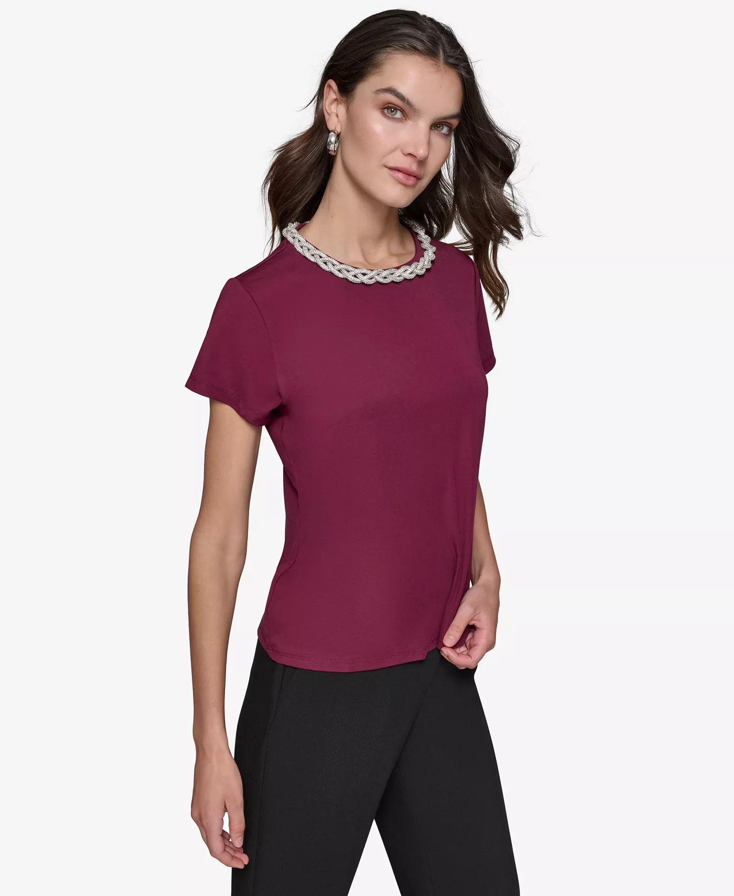Women's Embellished Scoop-Neck Top - Barolo Wine - XS
